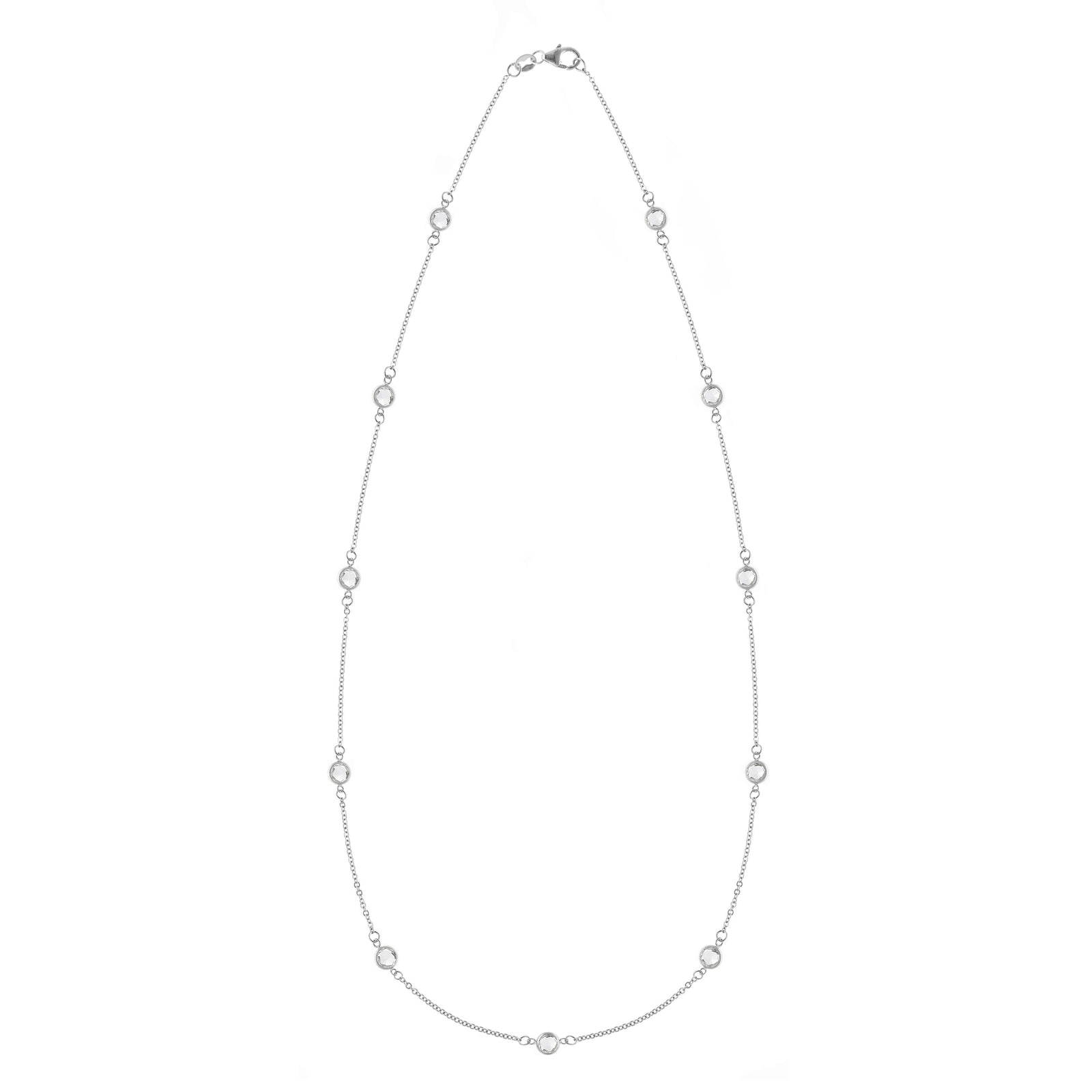 Bayberry 11 Birthstone necklace featuring eleven 4 mm briolette white topaz bezel set in 14k white gold