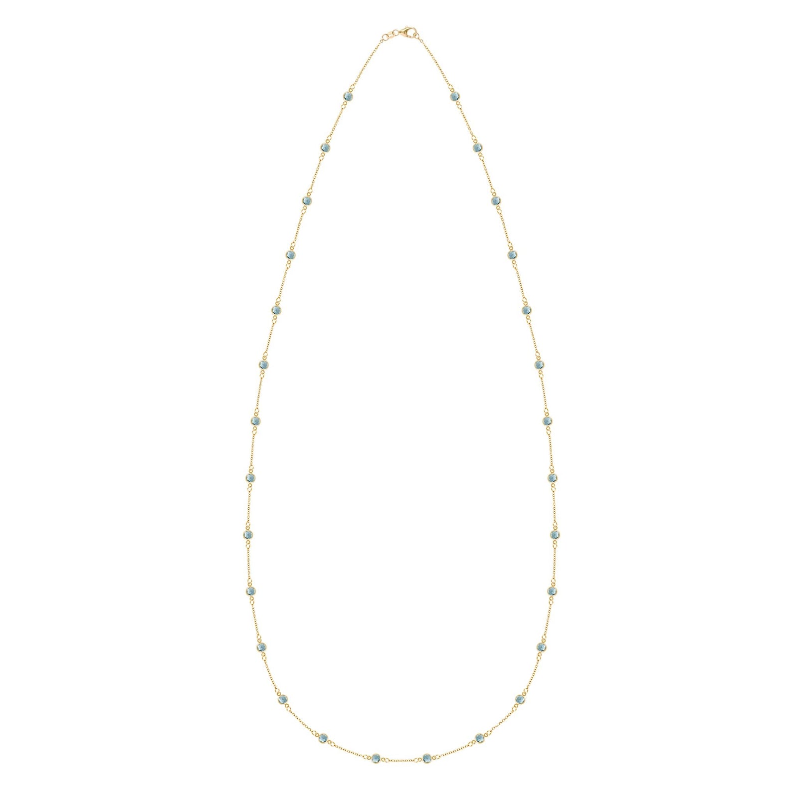 Bayberry Birthstone Wrap necklace featuring twenty-eight 4 mm briolette cut Nantucket blue topaz bezel set in 14k gold