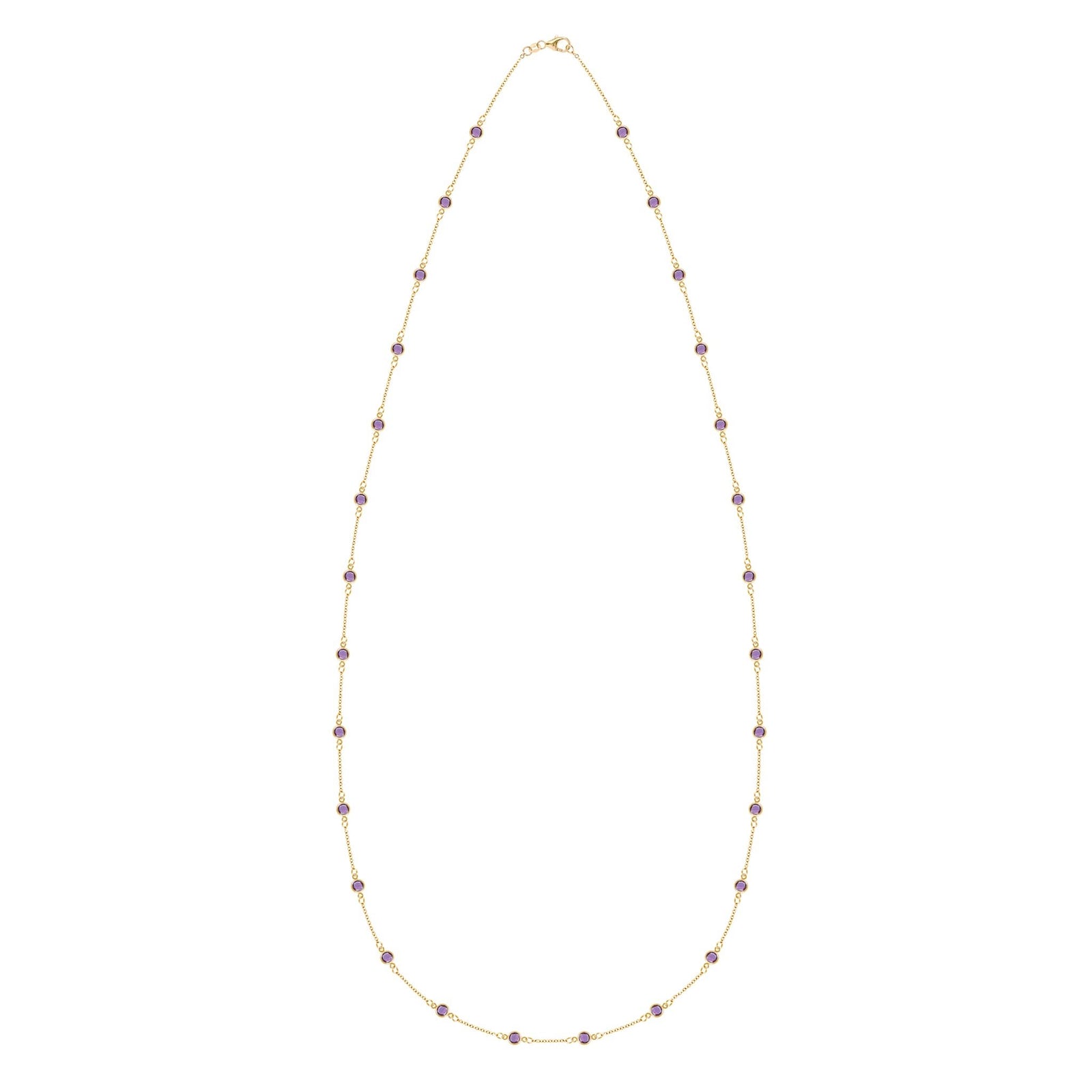 Bayberry Birthstone Wrap necklace featuring twenty-eight 4 mm briolette cut amethysts bezel set in 14k yellow gold