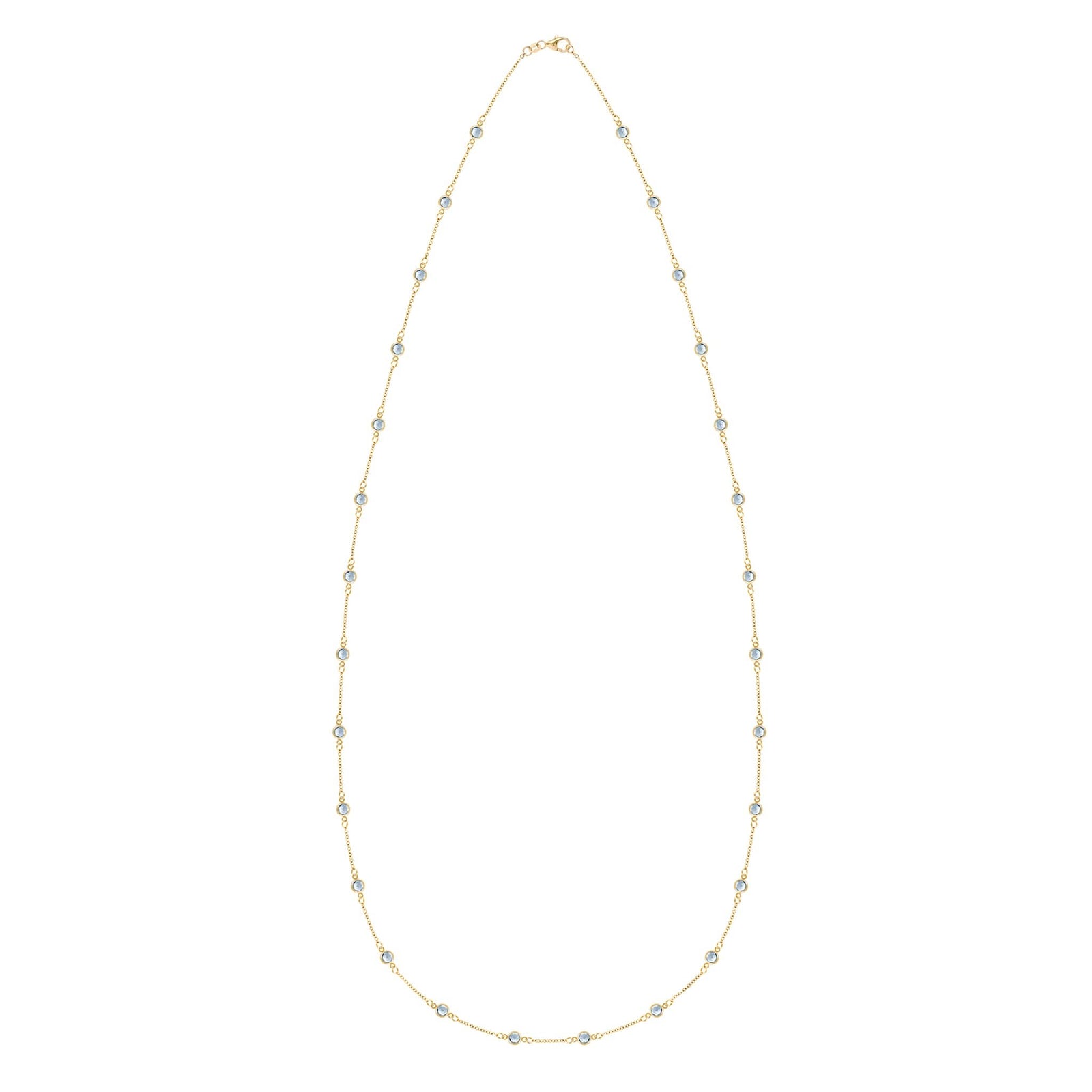 Bayberry Birthstone Wrap necklace featuring twenty-eight 4 mm briolette cut aquamarines bezel set in 14k yellow gold