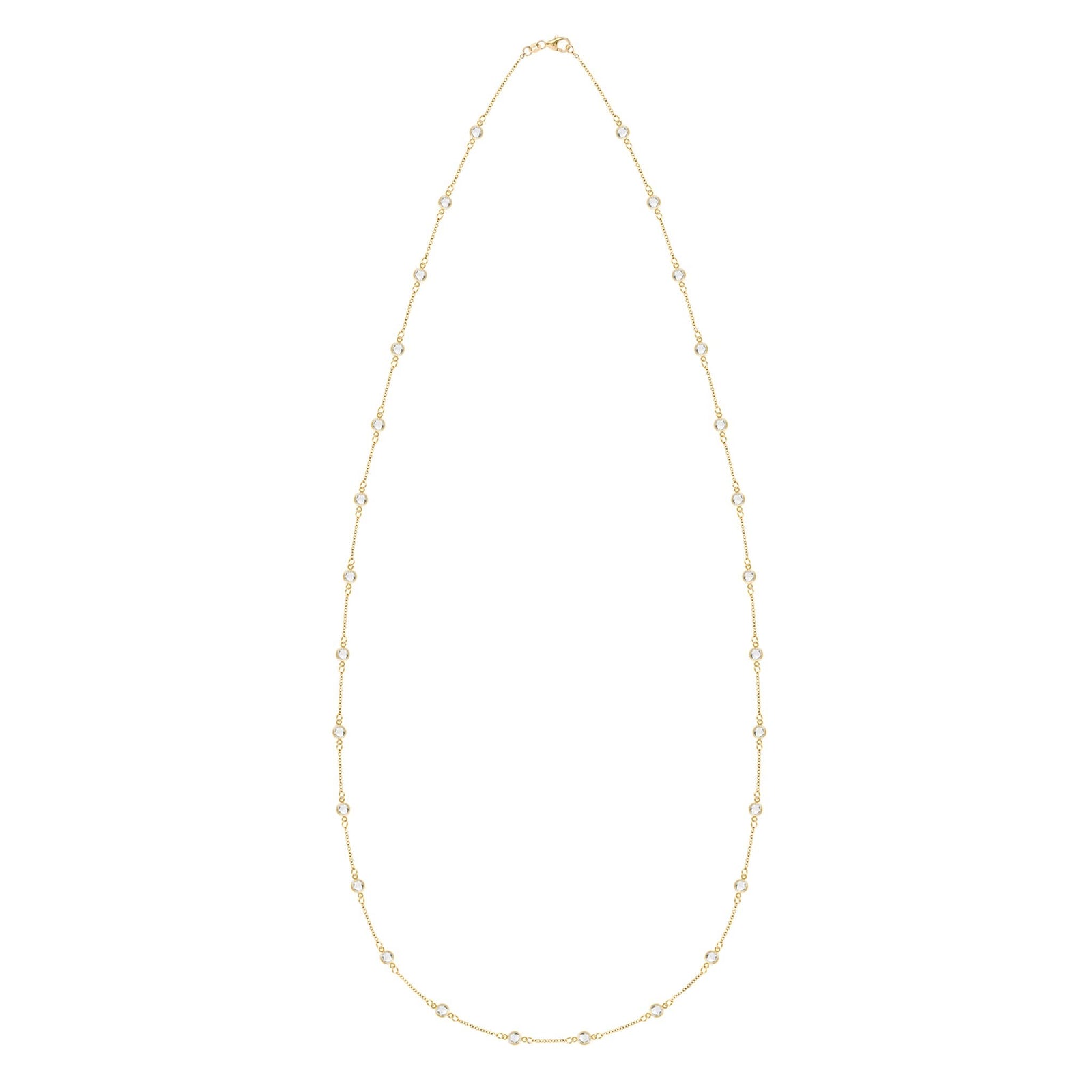 Bayberry Birthstone Wrap necklace featuring twenty-eight 4 mm briolette cut white topaz bezel set in 14k yellow gold