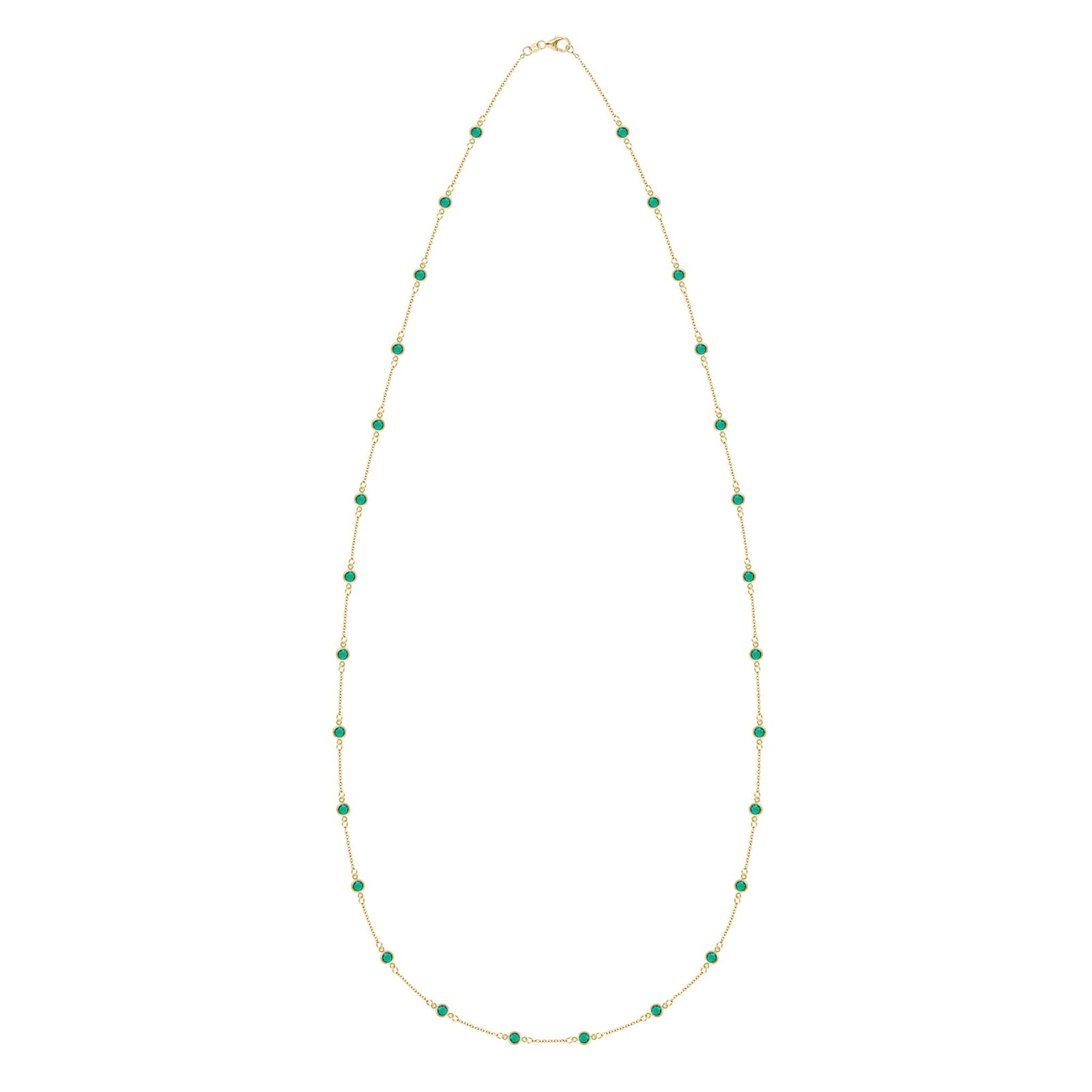 Bayberry Birthstone Wrap necklace featuring twenty-eight 4 mm briolette cut emeralds bezel set in 14k yellow gold