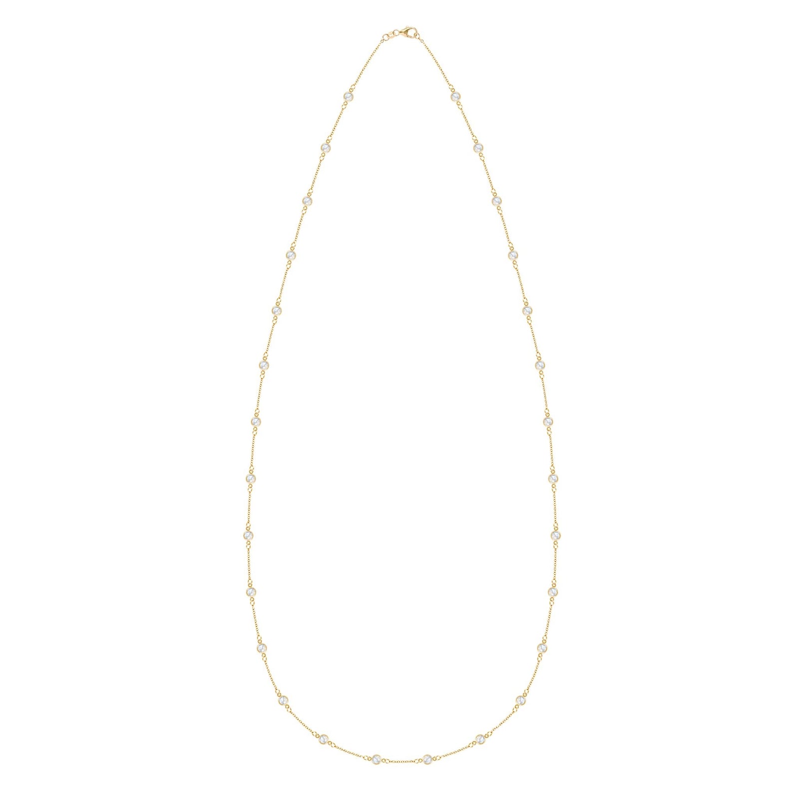 Bayberry Birthstone Wrap necklace featuring twenty-eight 4 mm briolette cut moonstones bezel set in 14k yellow gold