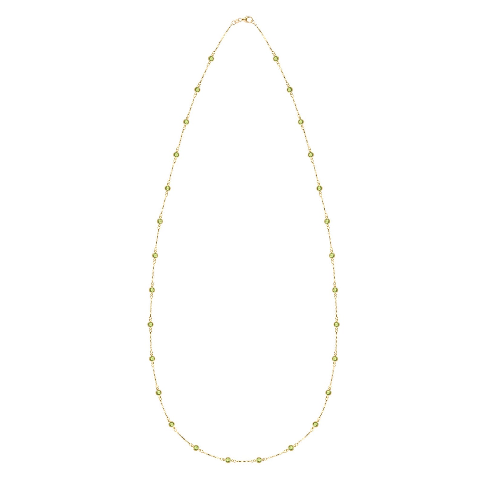 Bayberry Birthstone Wrap necklace featuring twenty-eight 4 mm briolette cut peridots bezel set in 14k yellow gold