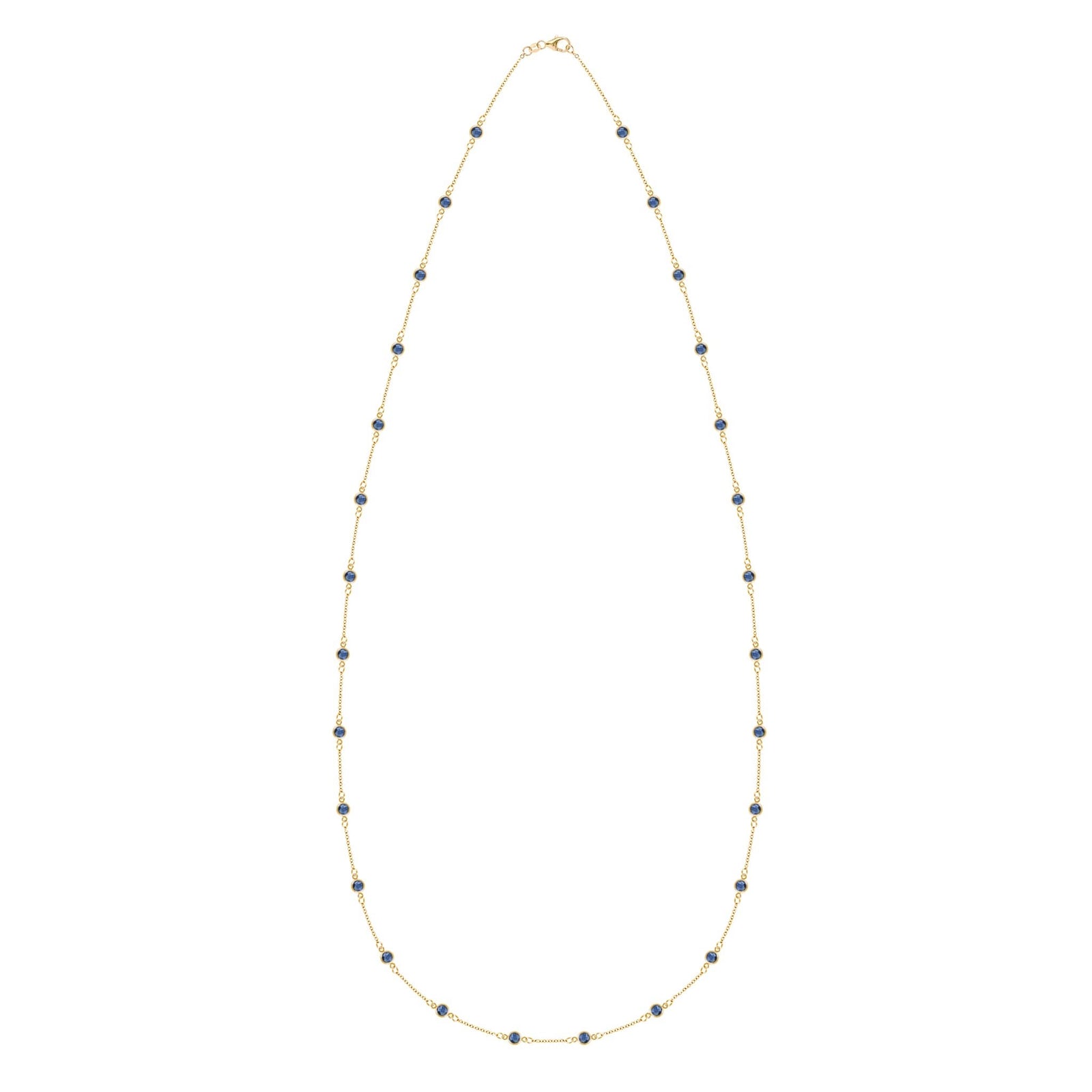 Bayberry Birthstone Wrap necklace featuring twenty-eight 4 mm briolette cut sapphires bezel set in 14k yellow gold