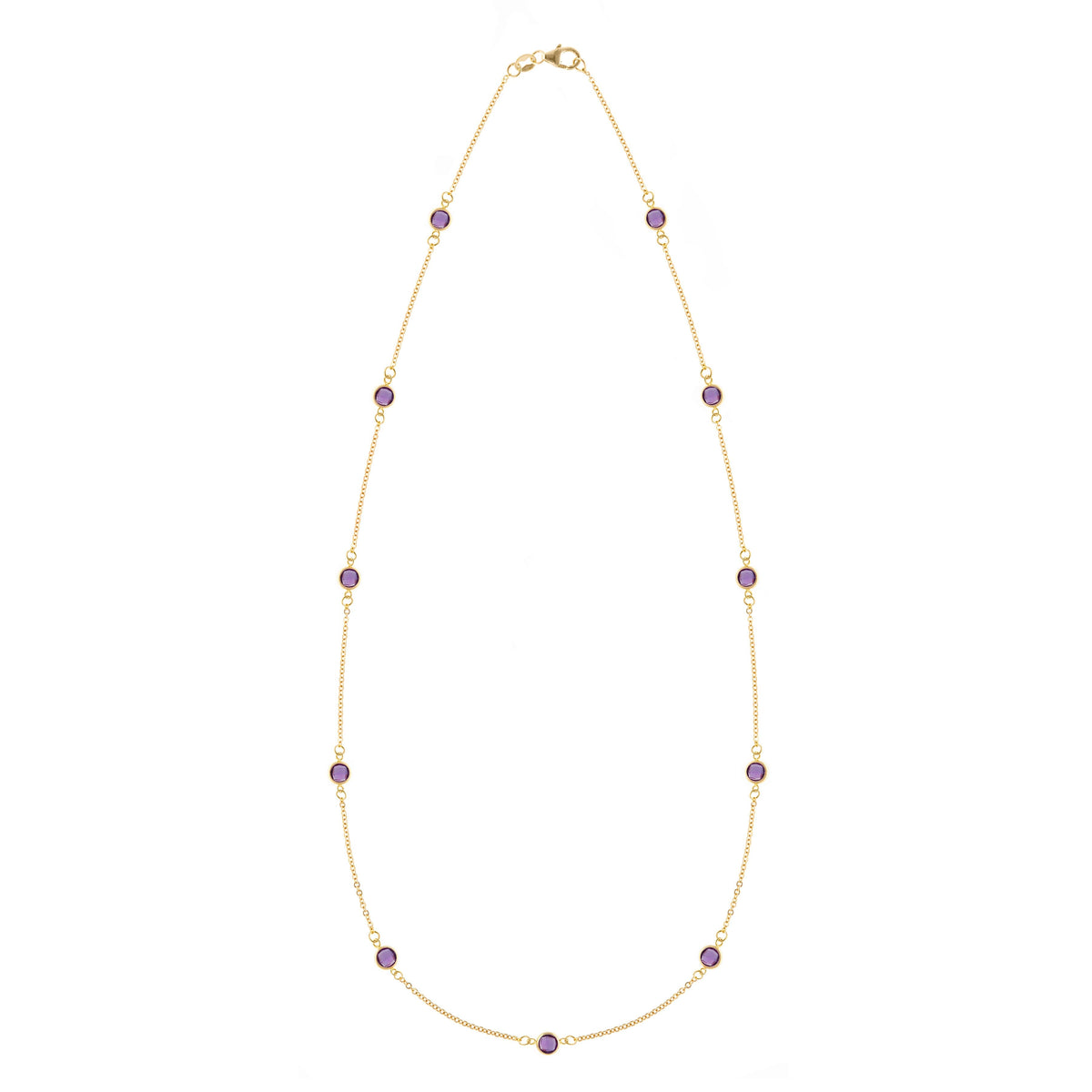 Bayberry 11 Birthstone necklace featuring eleven 4 mm briolette amethysts bezel set in 14k gold - front view