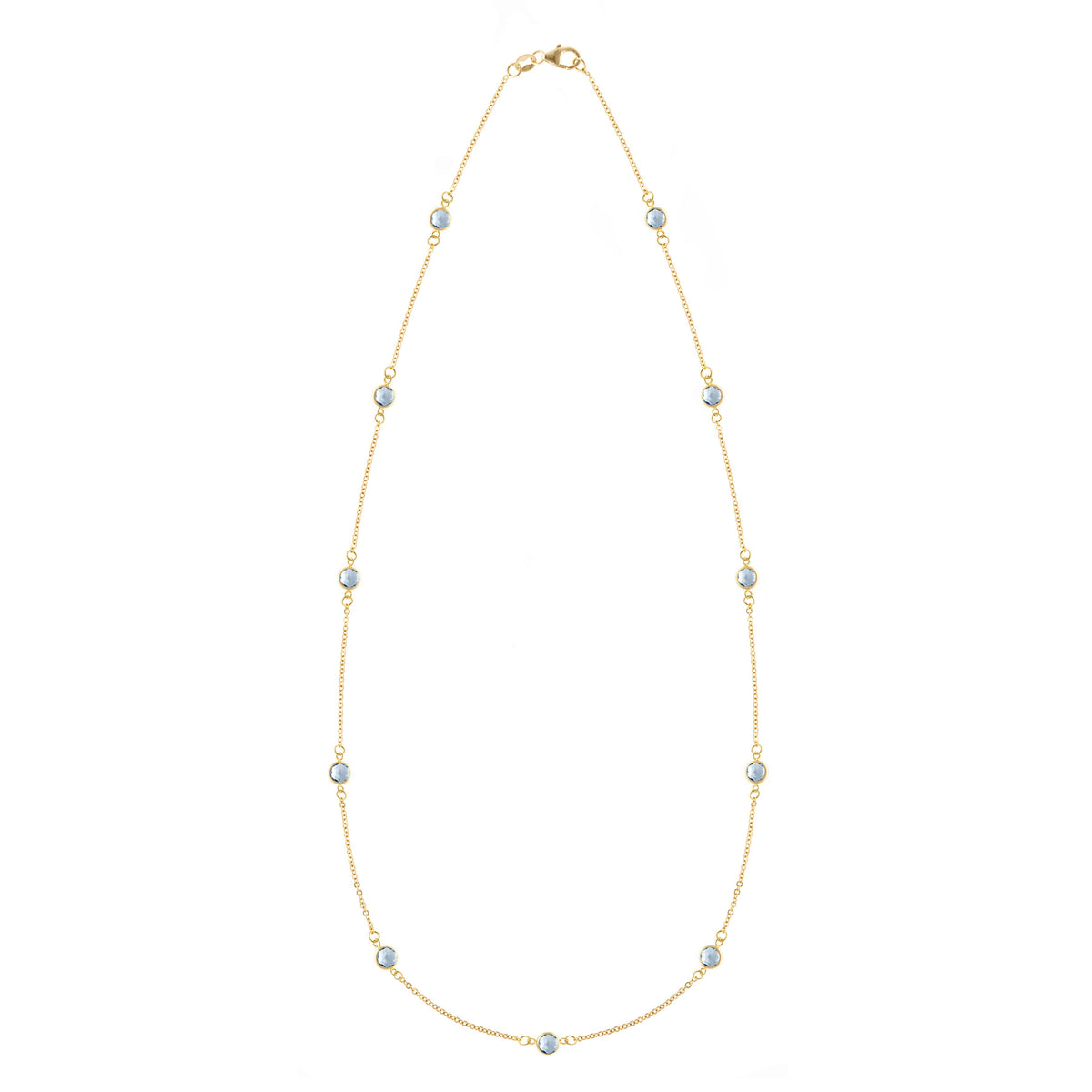 Bayberry 11 Birthstone necklace featuring eleven 4 mm briolette aquamarines bezel set in 14k gold - front view