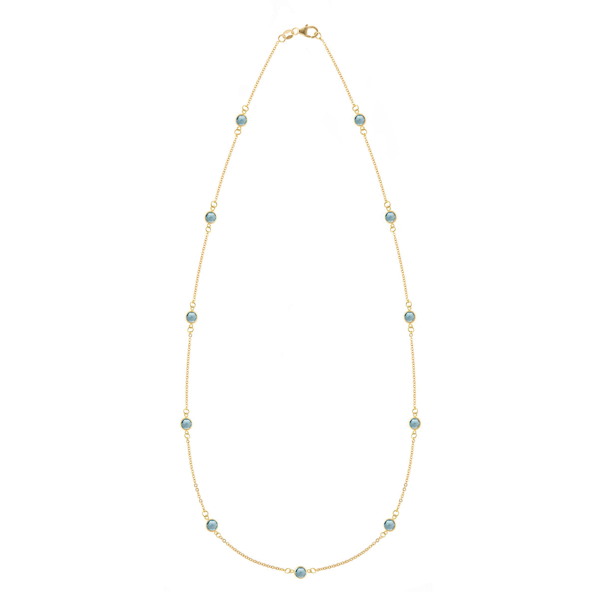 Bayberry 11 Birthstone necklace featuring eleven 4 mm briolette Nantucket blue topaz bezel set in 14k gold - front view