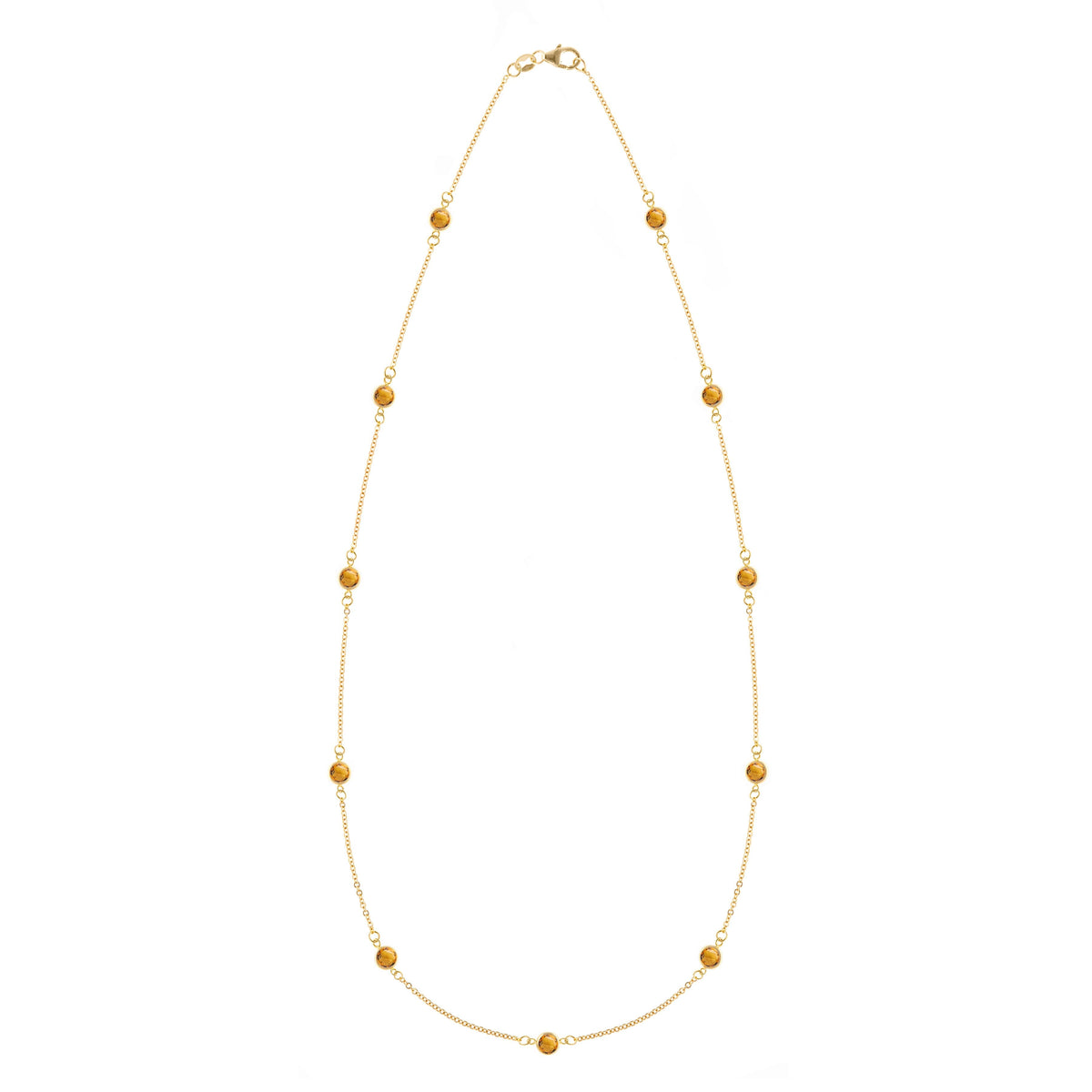 Bayberry 11 Birthstone necklace featuring eleven 4 mm briolette citrines bezel set in 14k gold - front view