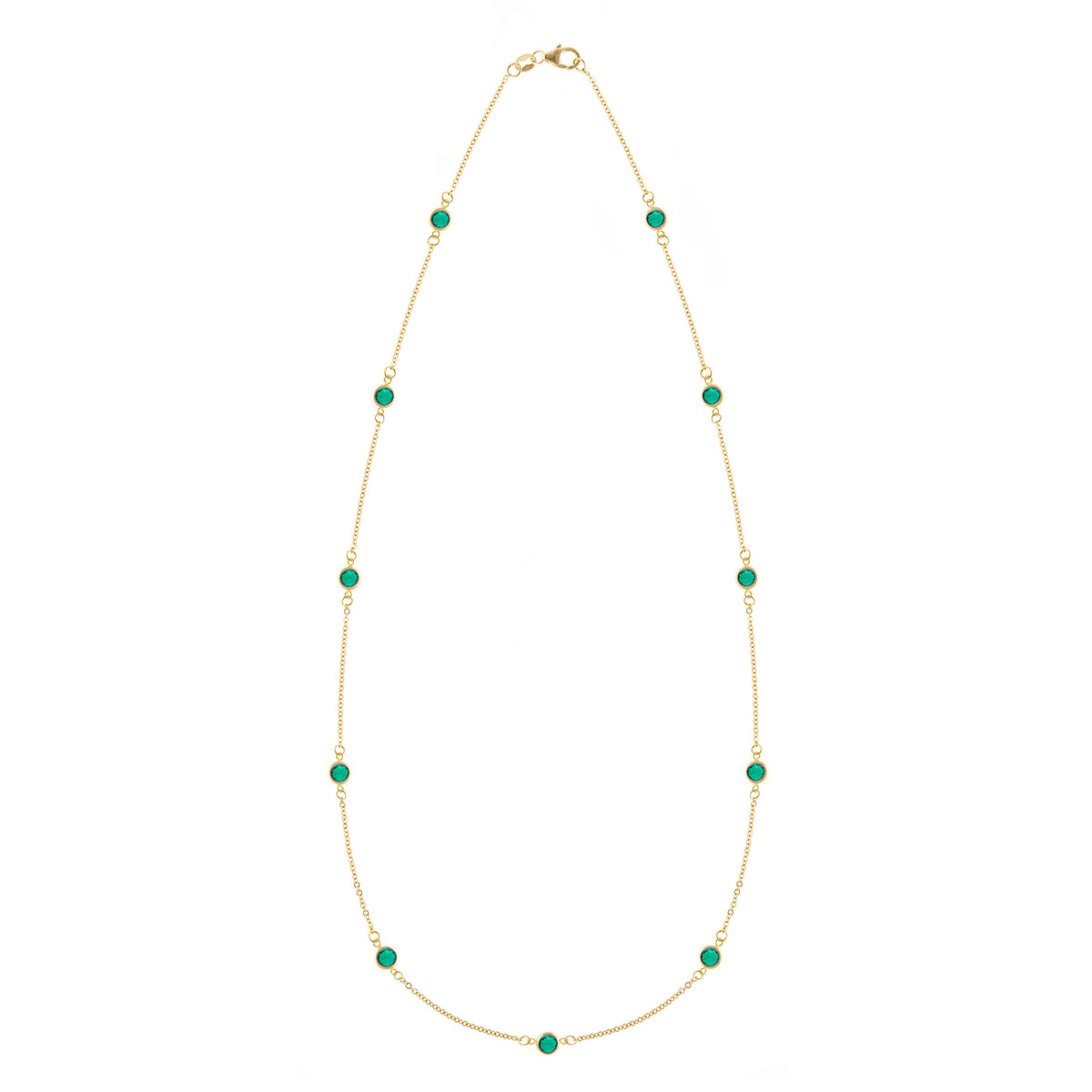 Bayberry 11 Birthstone necklace featuring eleven 4 mm briolette emeralds bezel set in 14k gold - front view