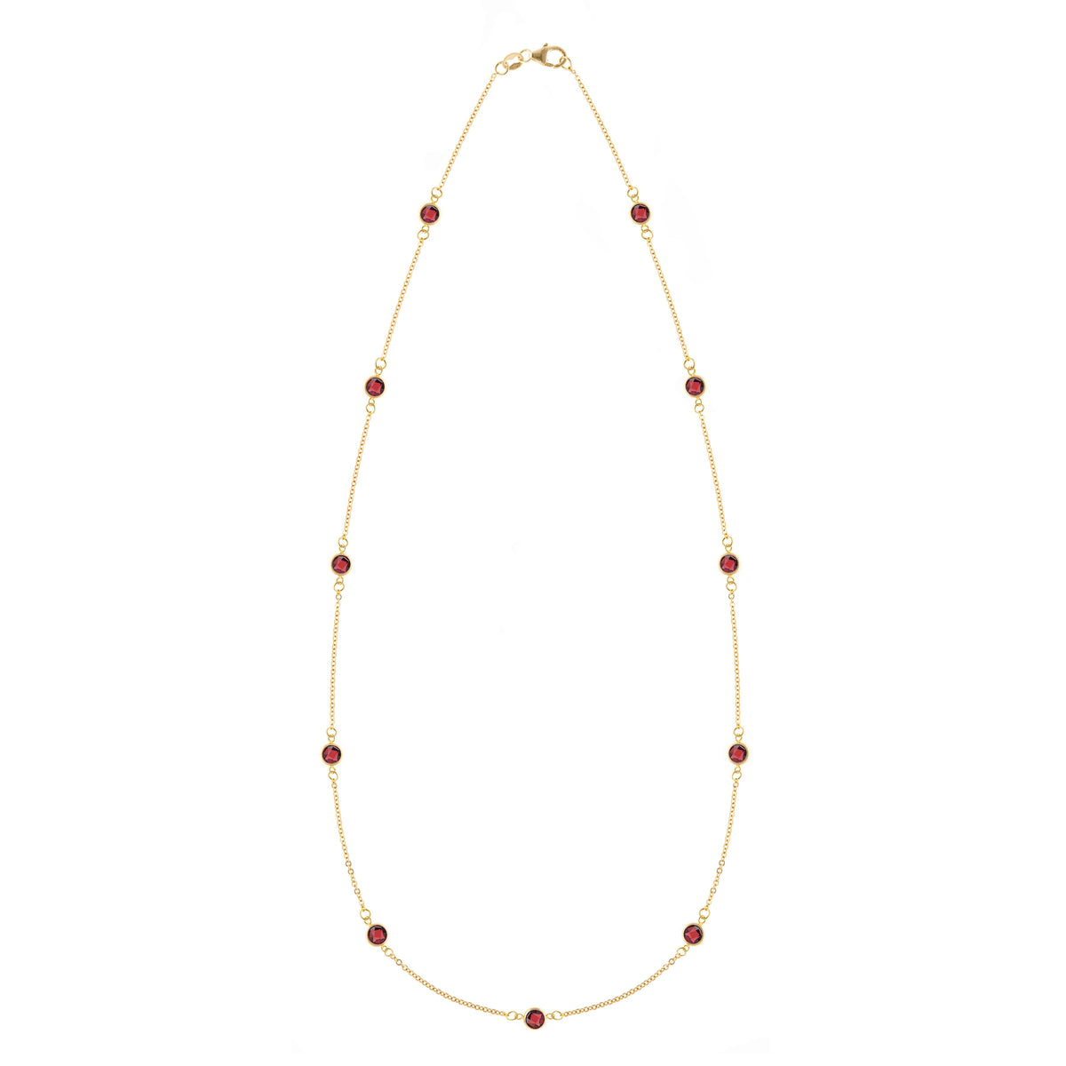 Bayberry 11 Birthstone necklace featuring eleven 4 mm briolette garnets bezel set in 14k gold - front view