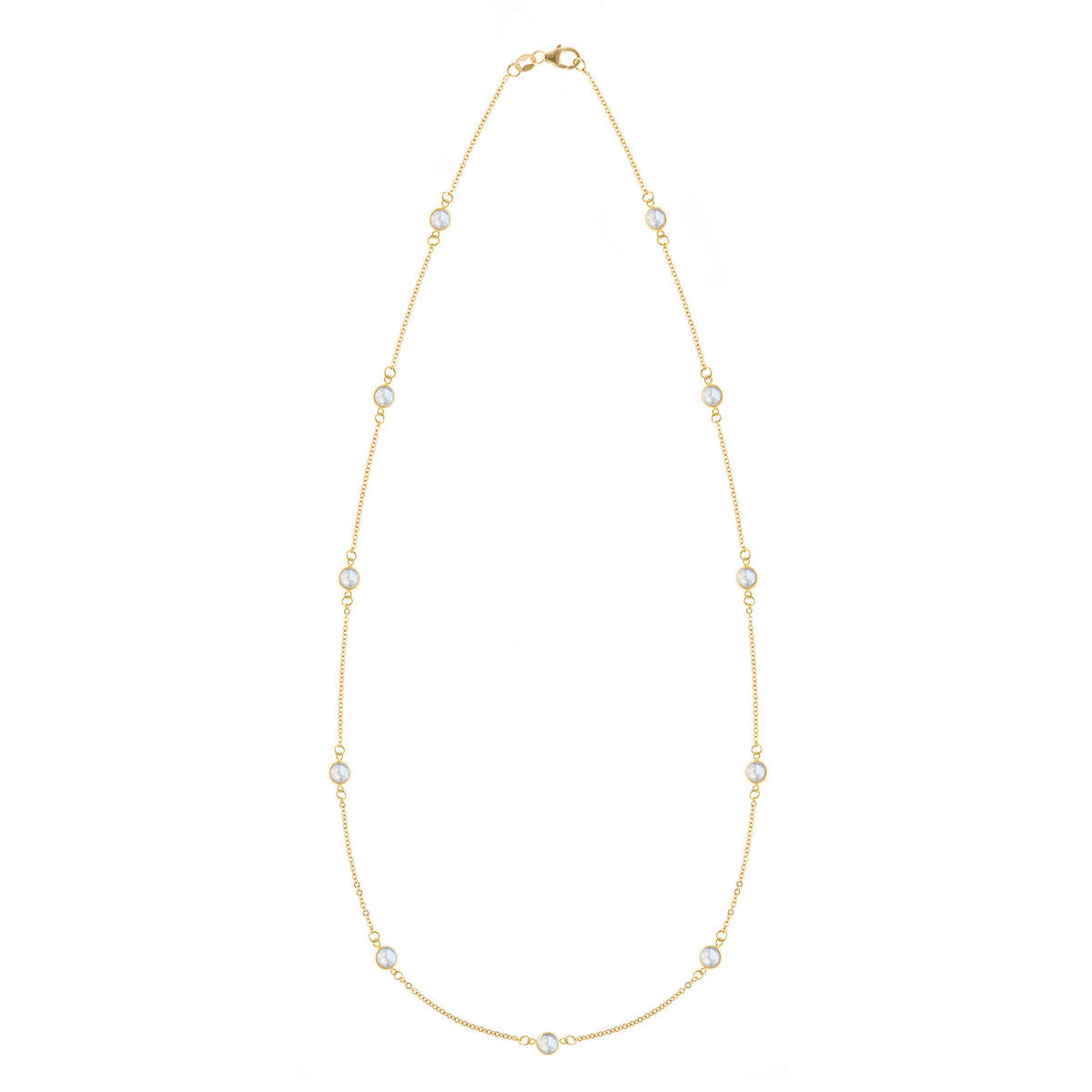 Bayberry 11 Birthstone necklace featuring eleven 4 mm briolette moonstones bezel set in 14k gold - front view