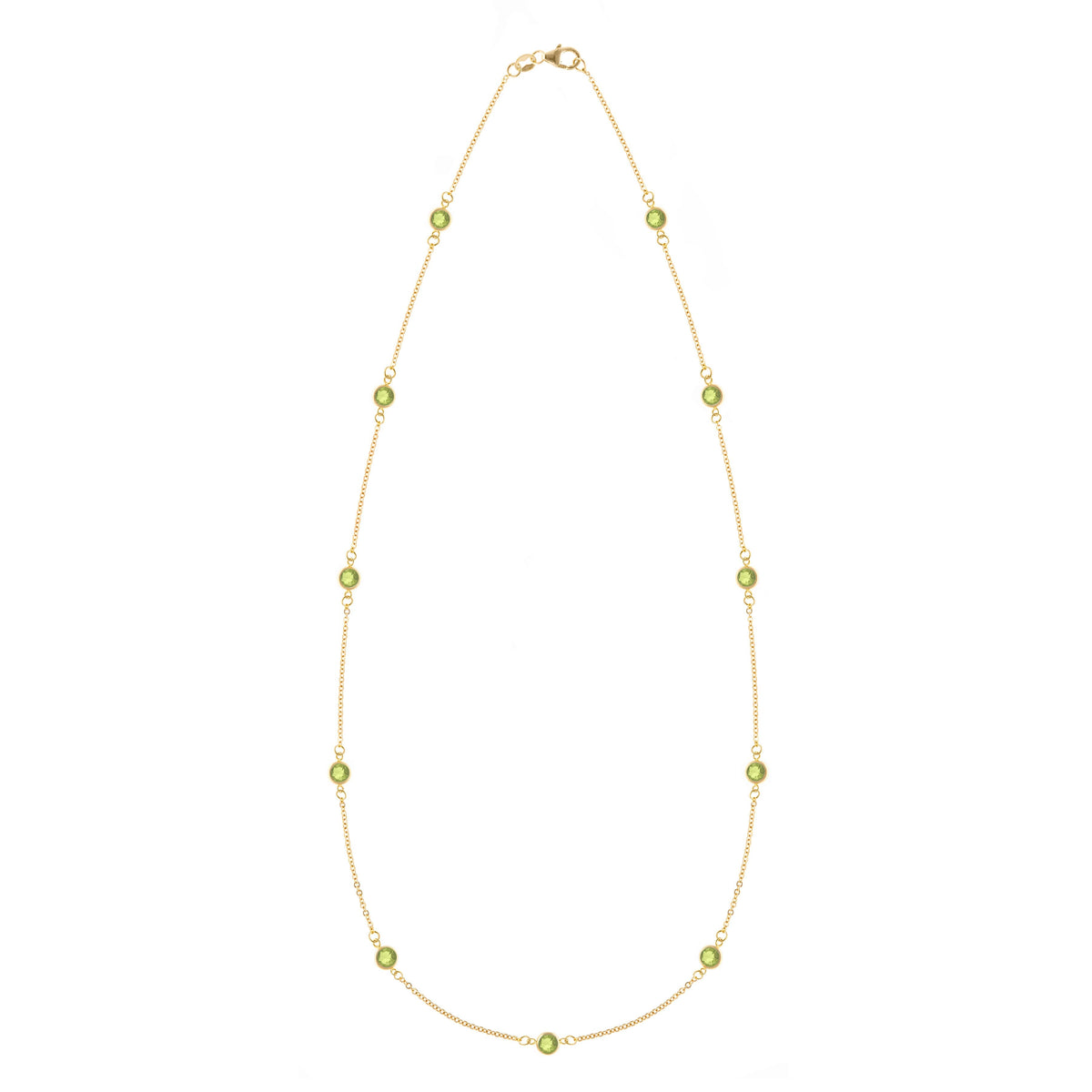 Bayberry 11 Birthstone necklace featuring eleven 4 mm briolette peridots bezel set in 14k gold - front view