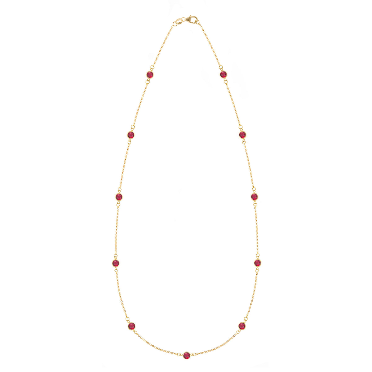 Bayberry 11 Birthstone necklace featuring eleven 4 mm briolette rubies bezel set in 14k yellow gold - front view