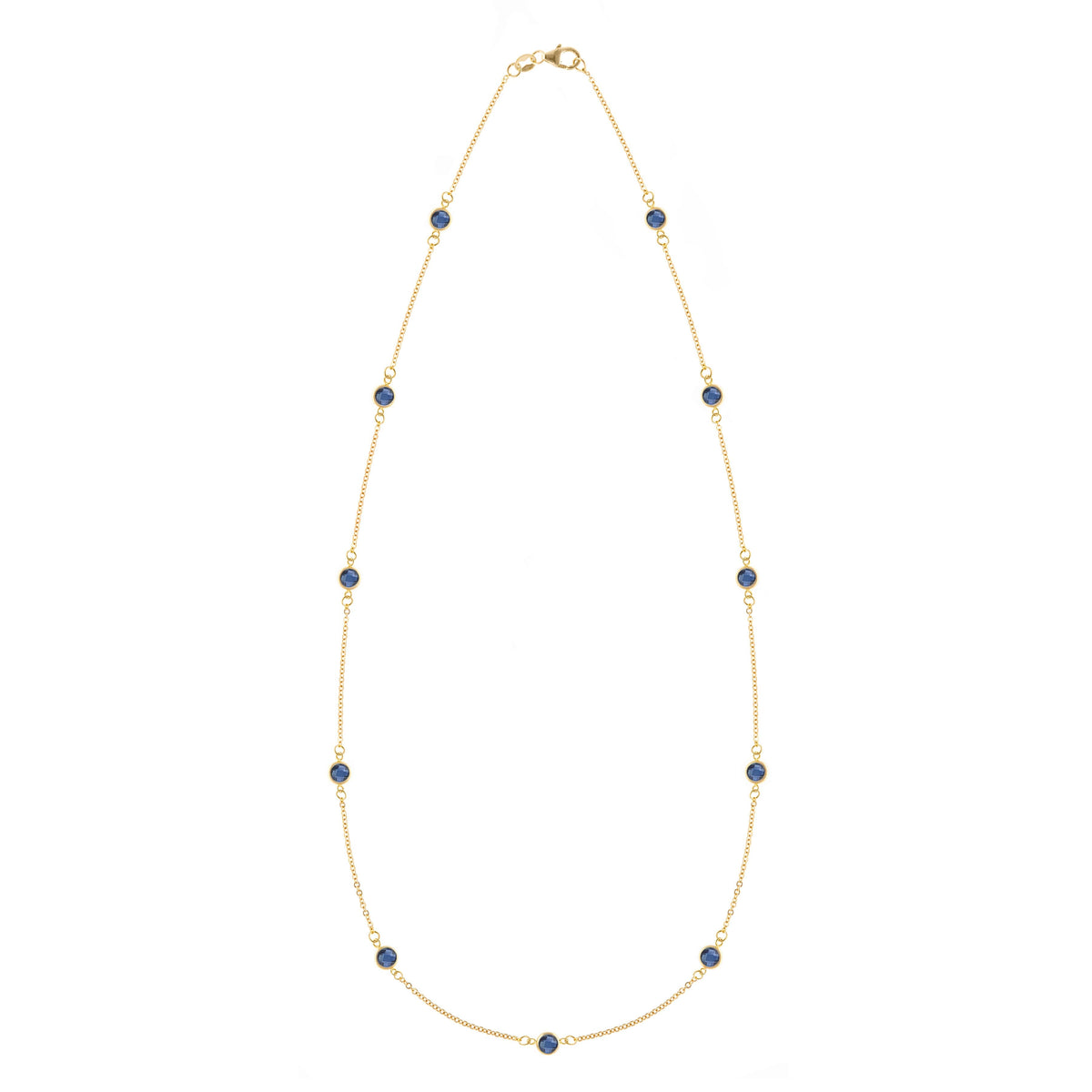 Bayberry 11 Birthstone necklace featuring eleven 4 mm briolette sapphires bezel set in 14k gold - front view