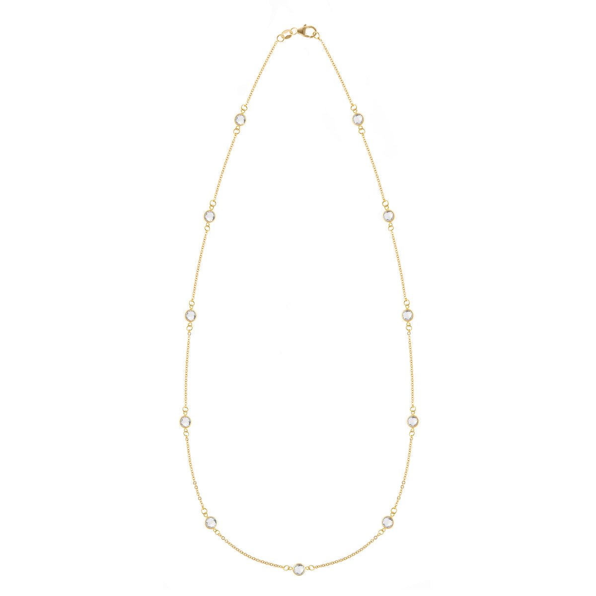 Bayberry 11 Birthstone necklace featuring eleven 4 mm briolette white topaz bezel set in 14k gold - front view