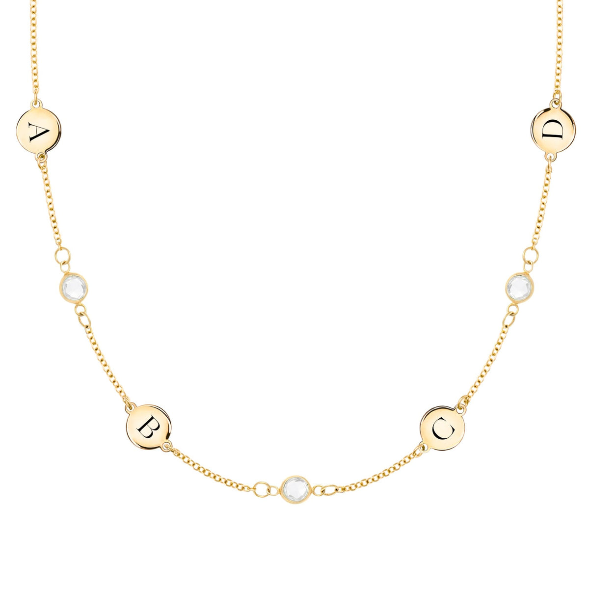 14k yellow gold Classic necklace featuring three round birthstones and four 1/4” flat letter-engraved discs - front view