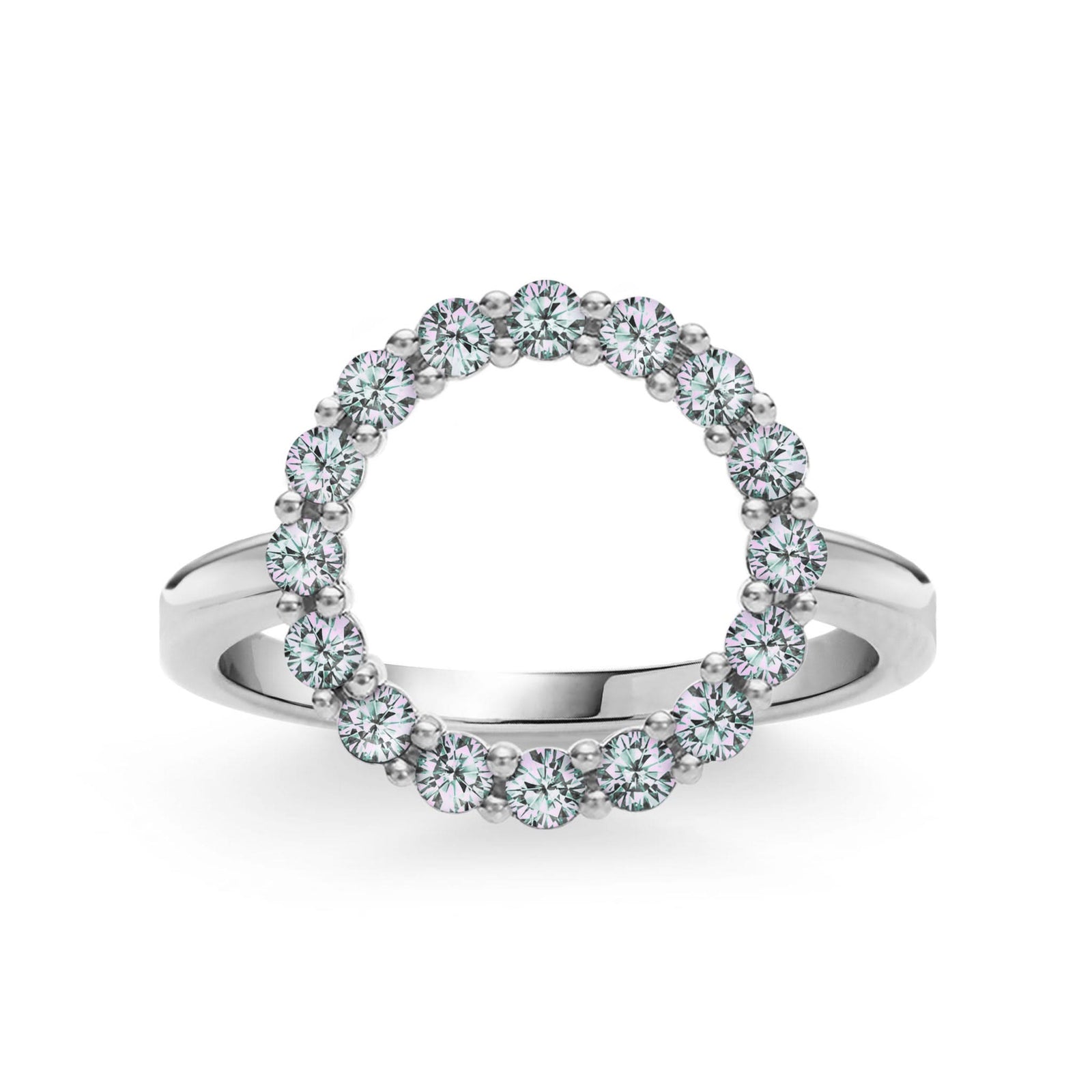 Rosecliff open circle ring featuring sixteen 2 mm faceted round cut alexandrites prong set in 14k white gold
