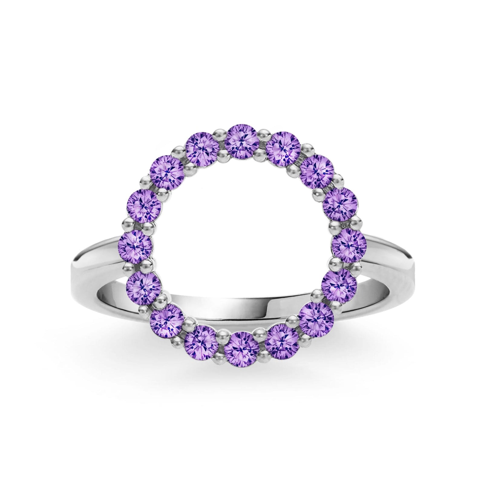 Rosecliff open circle ring featuring sixteen 2 mm faceted round cut amethysts prong set in 14k white gold
