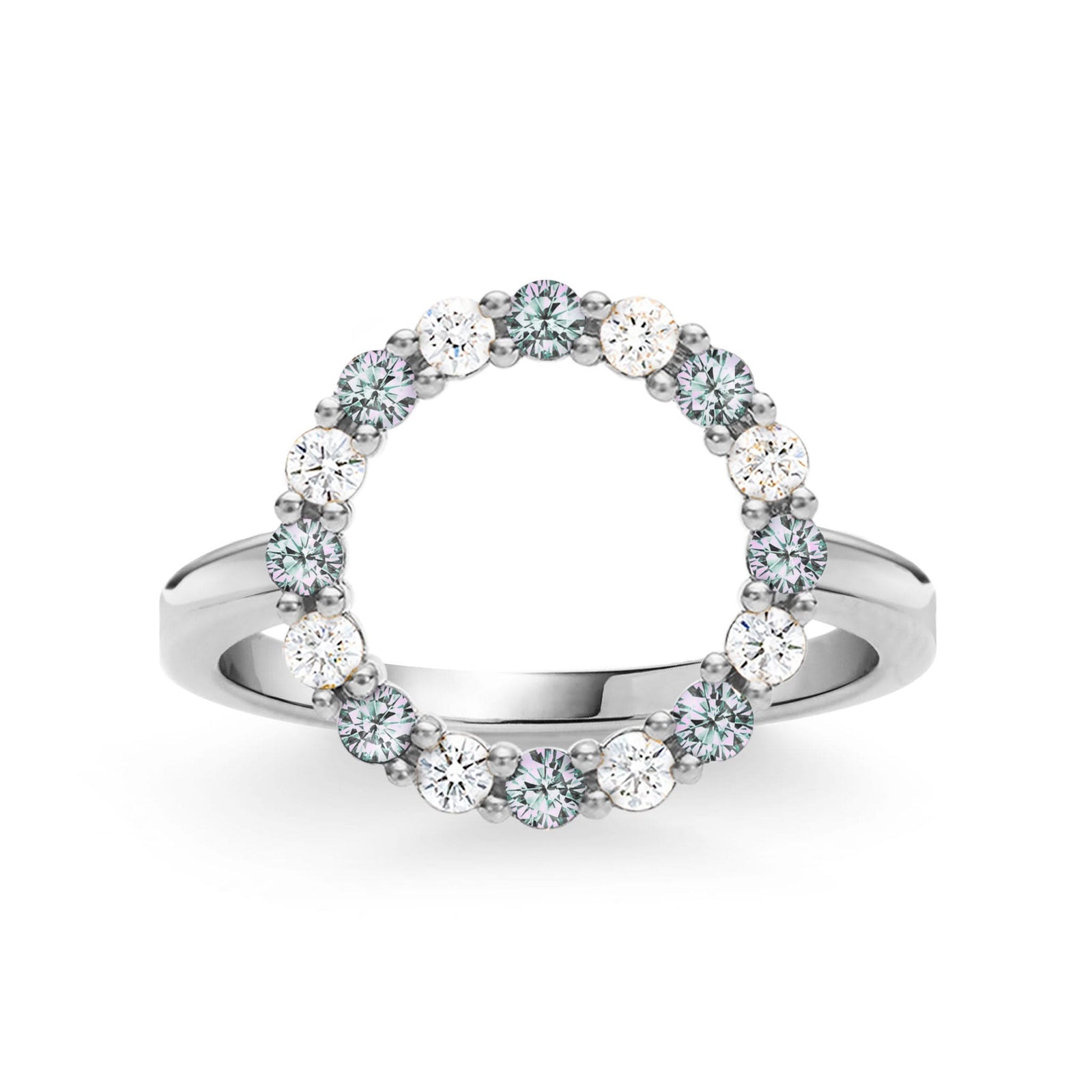 Rosecliff open circle ring featuring sixteen alternating 2 mm round cut alexandrites and diamonds prong set in 14k white gold