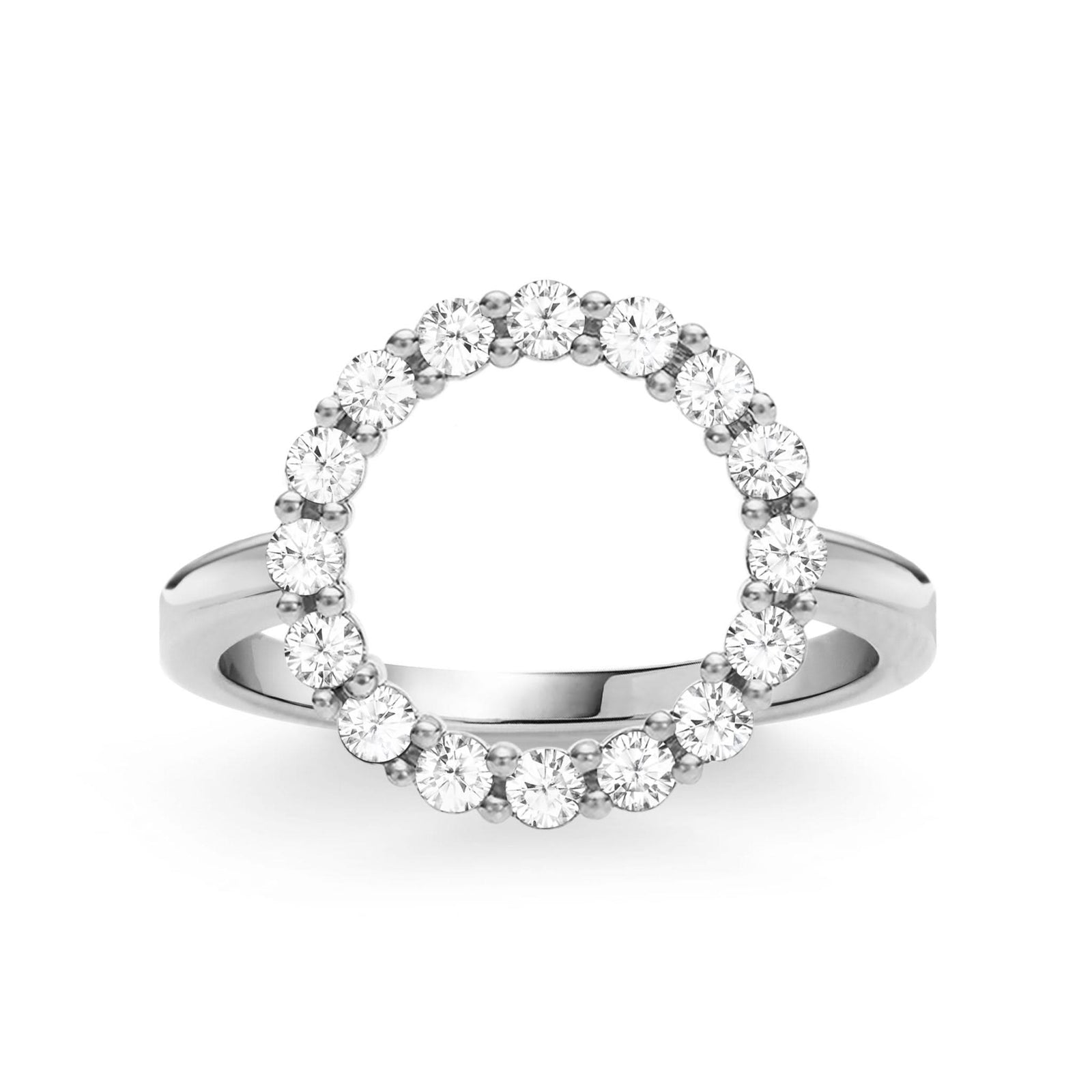 Rosecliff open circle ring featuring sixteen 2 mm faceted round cut peridots prong set in 14k white gold