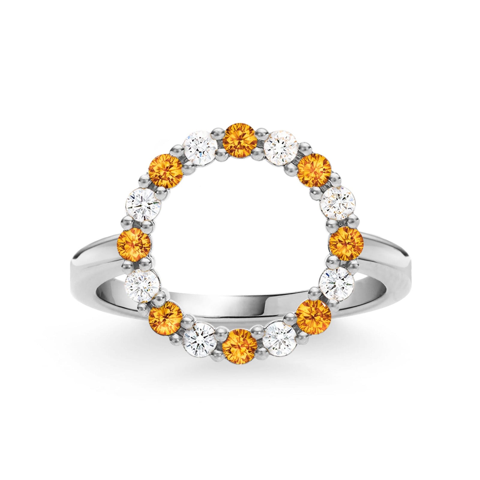 Rosecliff open circle ring featuring 16 alternating 2 mm faceted round cut citrines and diamonds prong set in 14k white gold
