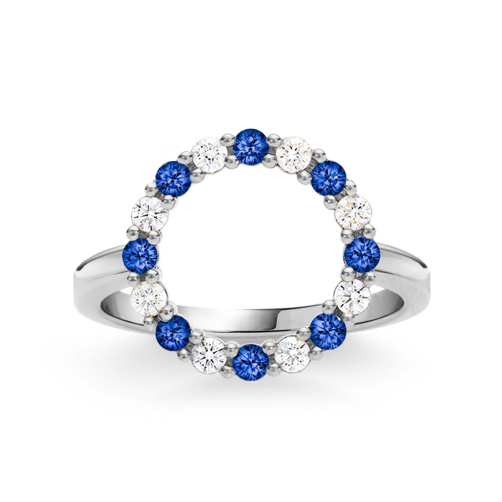 Rosecliff open circle ring featuring sixteen alternating 2 mm round cut sapphires and diamonds prong set in 14k white gold