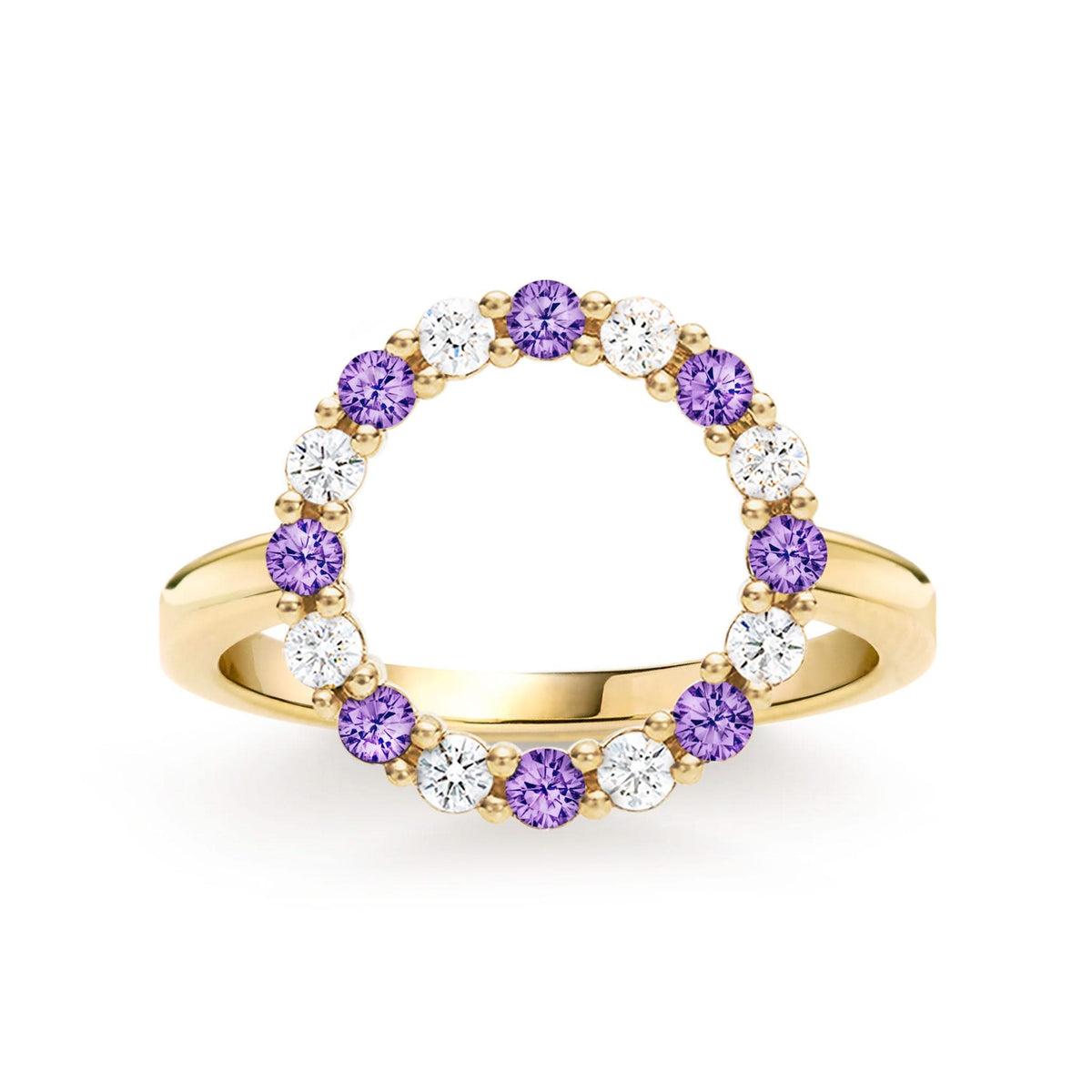 Rosecliff open circle ring featuring 16 alternating 2 mm faceted amethysts and diamonds prong set in 14k gold - front view