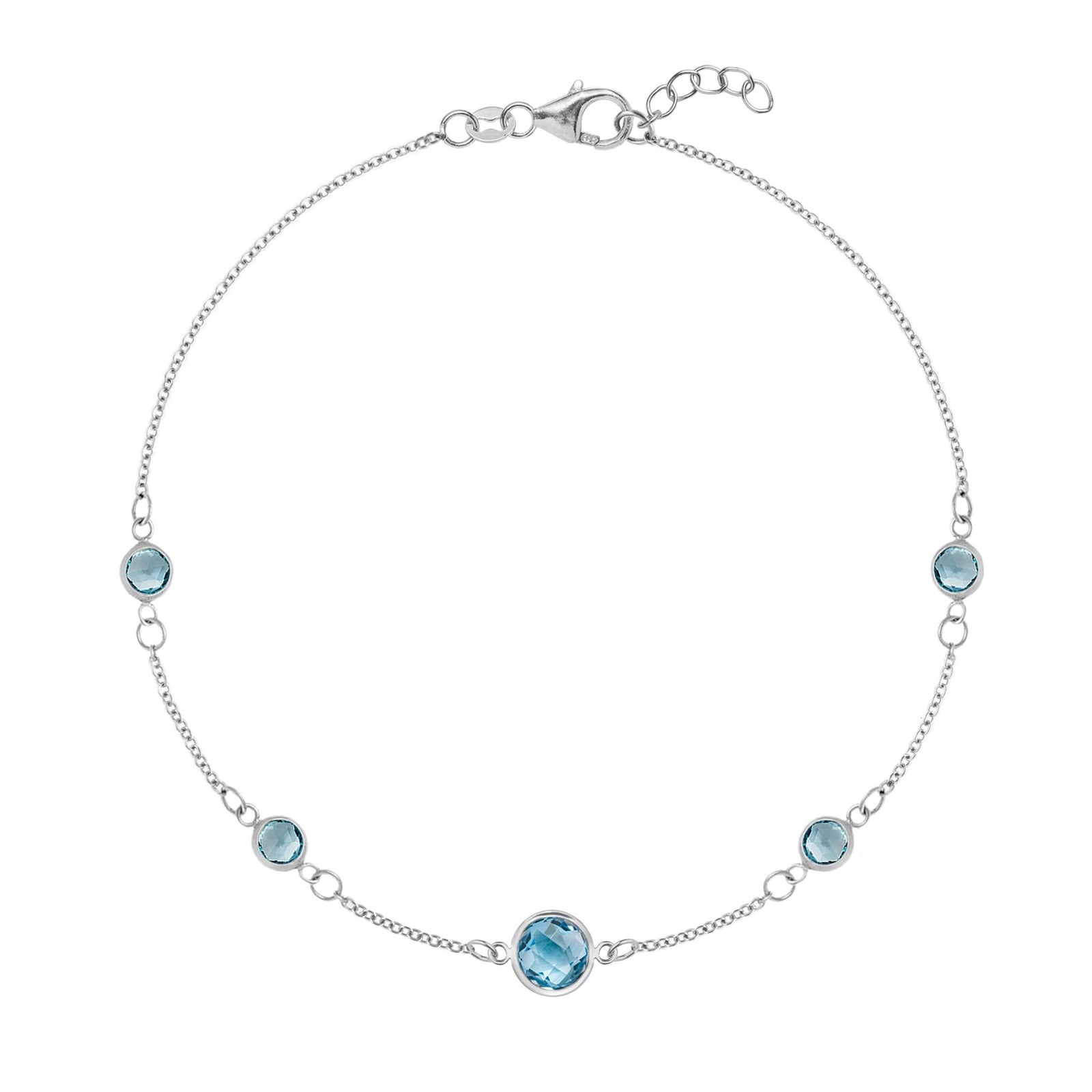 Grand & Classic bracelet featuring one 6 mm and four 4 mm Nantucket Blue Topaz bezel set in 14k white gold