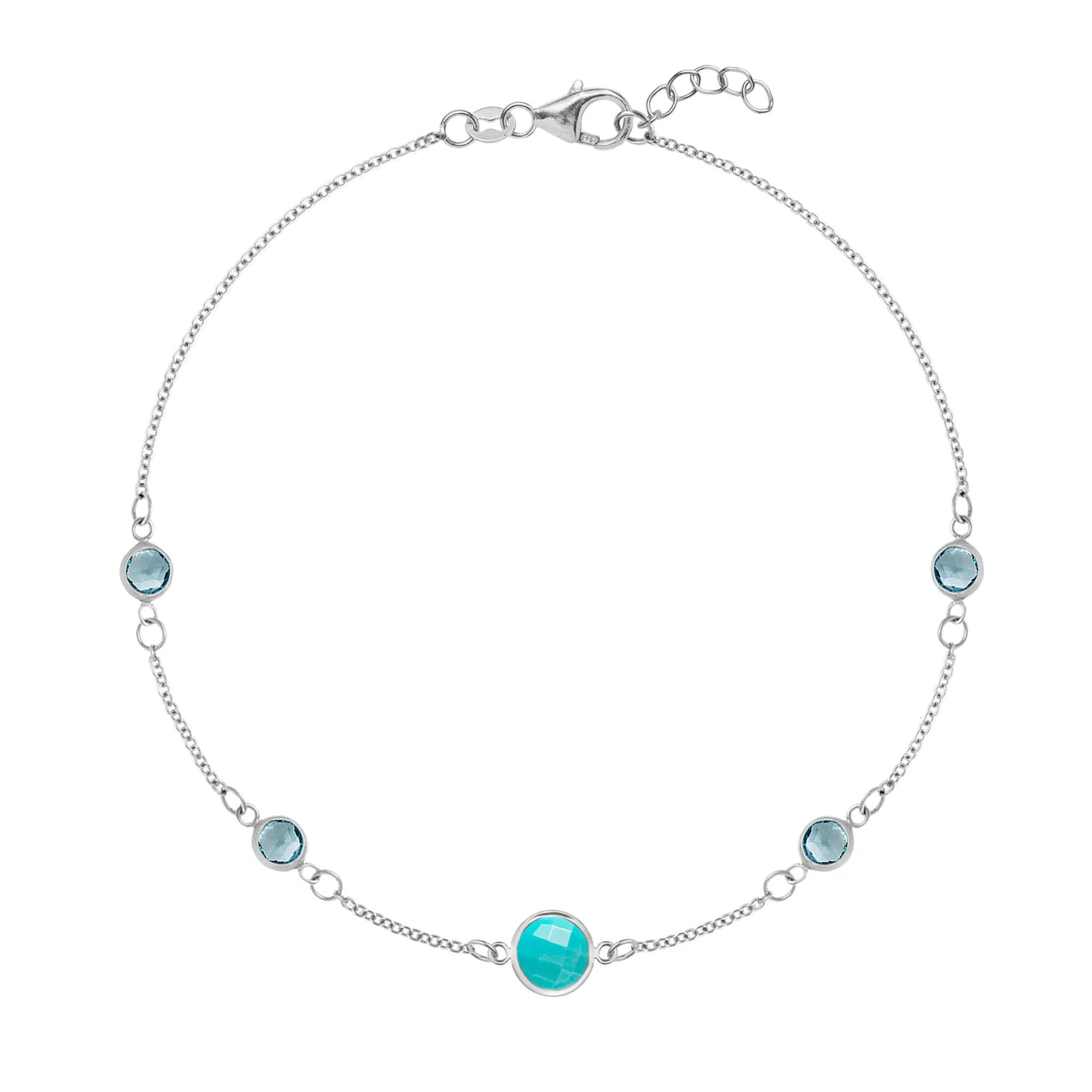Grand & Classic bracelet featuring one 6 mm Turquoise and four 4 mm Nantucket Blue Topaz bezel set in 14k white gold