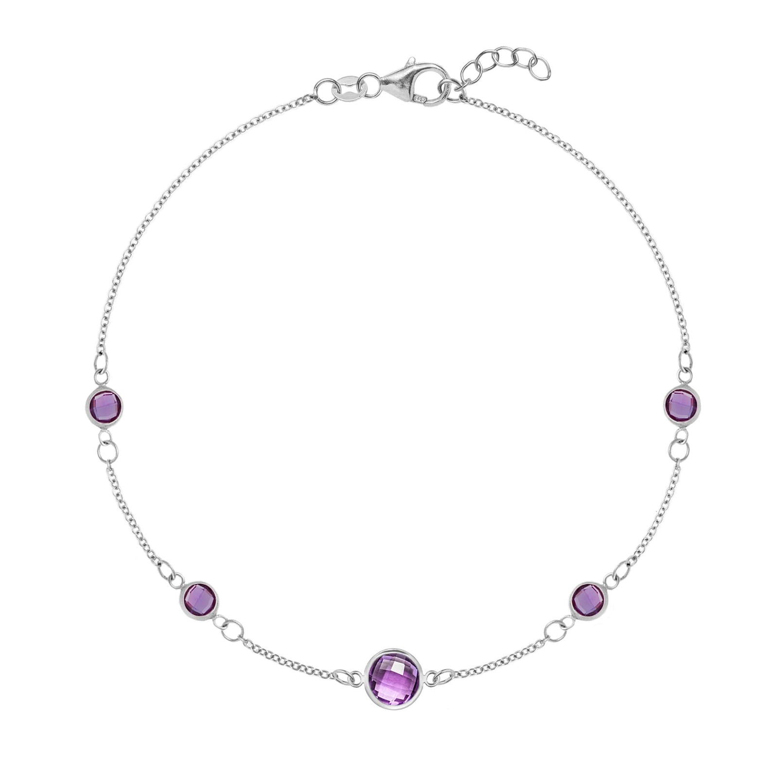 Grand & Classic bracelet featuring one 6 mm and four 4 mm Amethysts bezel set in 14k white gold
