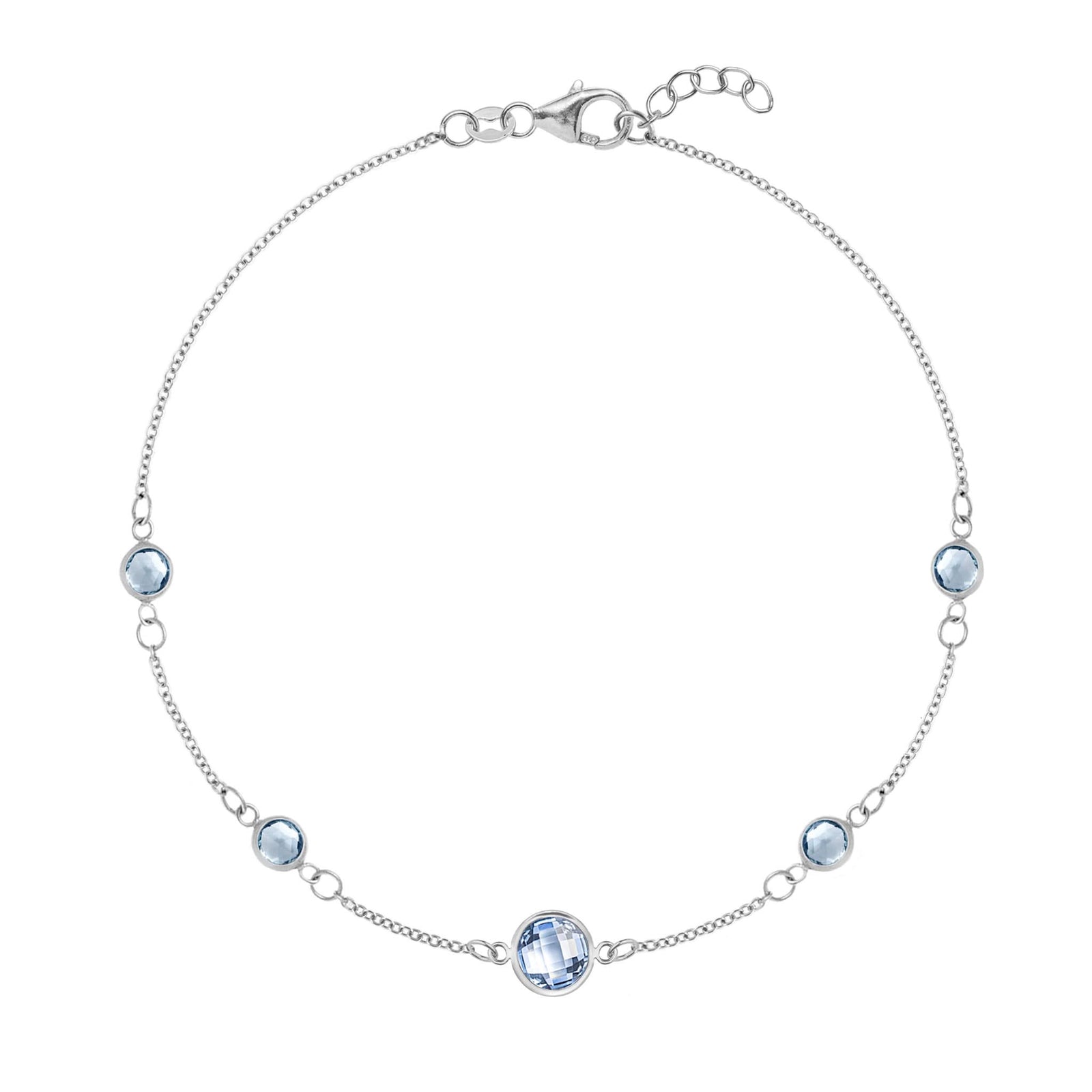 Grand & Classic bracelet featuring one 6 mm and four 4 mm Aquamarines bezel set in 14k white gold