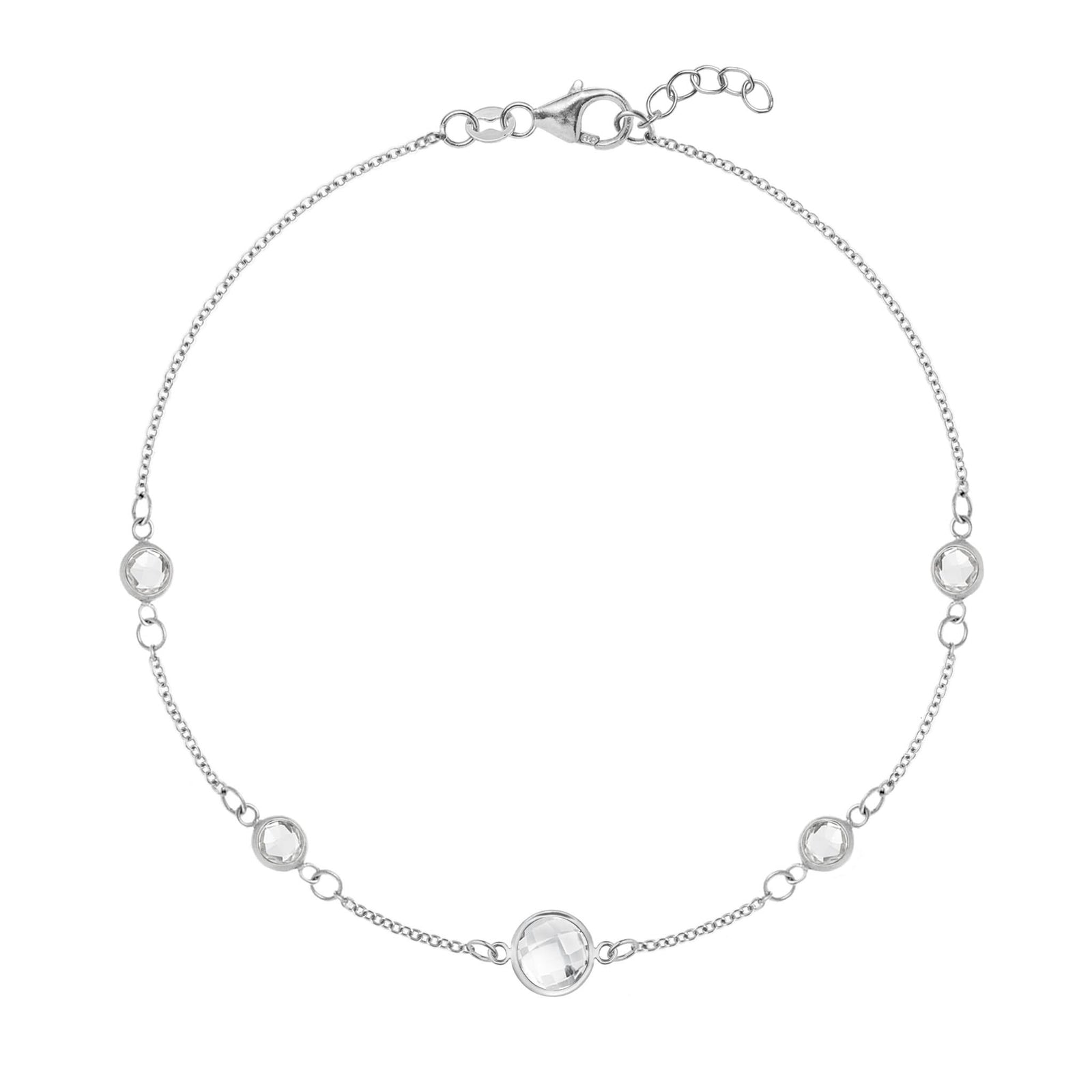 Grand & Classic bracelet featuring one 6 mm and four 4 mm White Topaz bezel set in 14k white gold