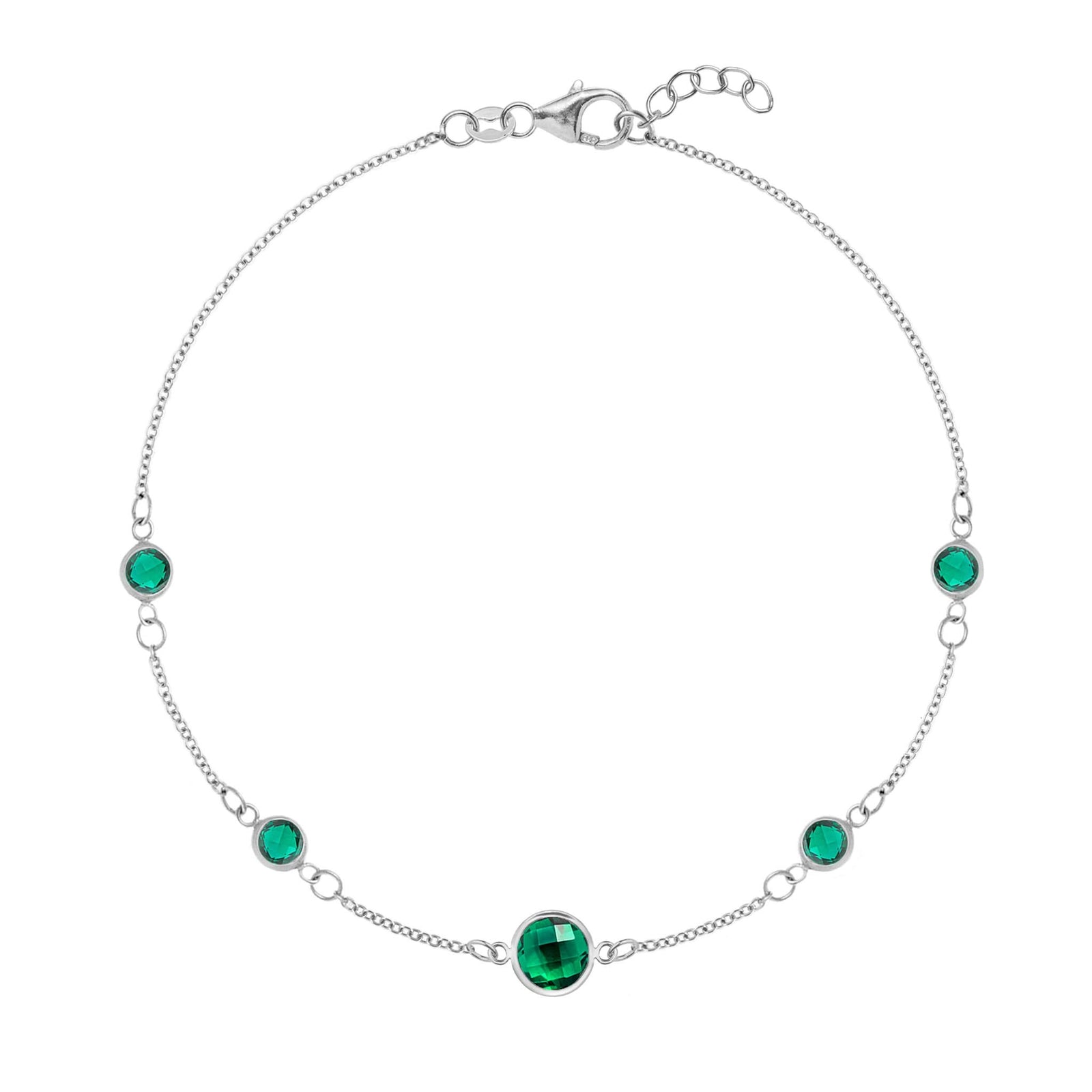 Grand & Classic bracelet featuring one 6 mm and four 4 mm Emeralds bezel set in 14k white gold