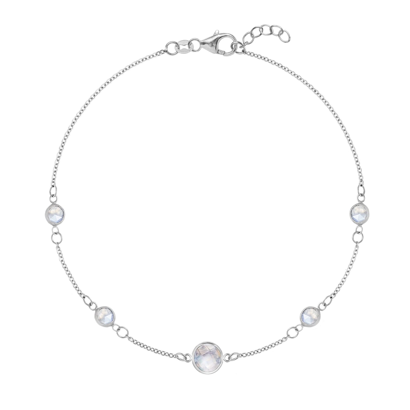 Grand & Classic bracelet featuring one 6 mm and four 4 mm Moonstones bezel set in 14k white gold