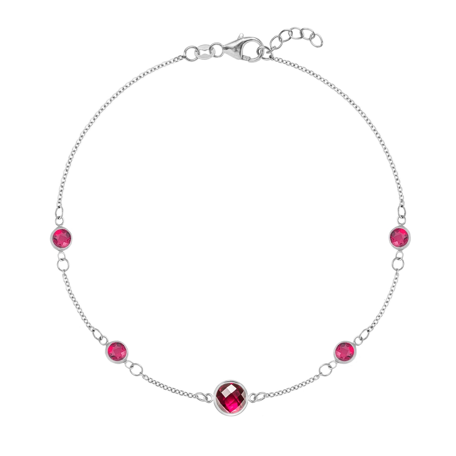 Grand & Classic bracelet featuring one 6 mm and four 4 mm Rubies bezel set in 14k white gold