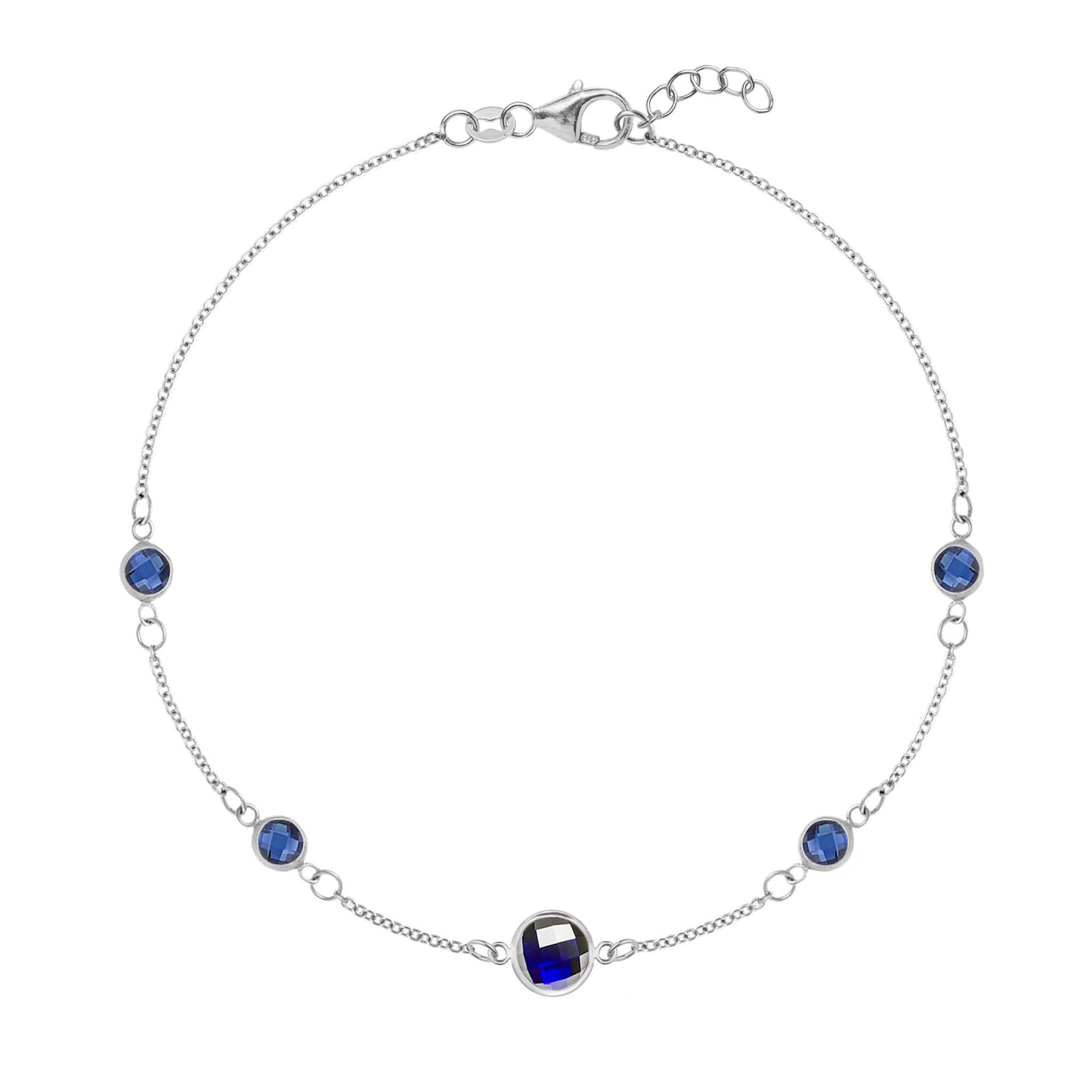Grand & Classic bracelet featuring one 6 mm and four 4 mm Sapphires bezel set in 14k white gold