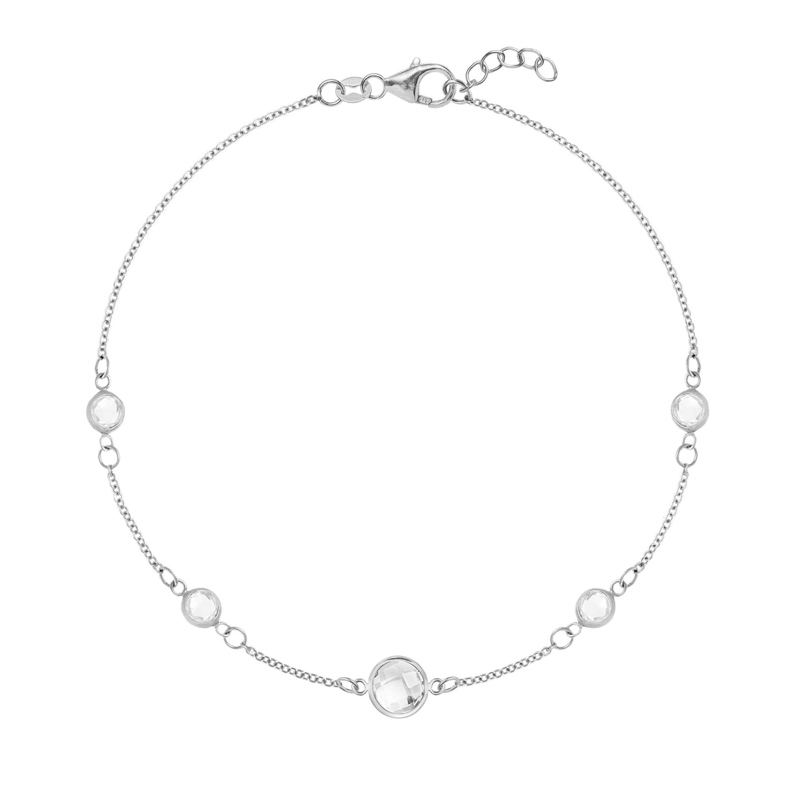 Grand 1.17 mm cable chain bracelet in 14k white gold featuring four 4 mm and one 6 mm briolette cut bezel set gemstones