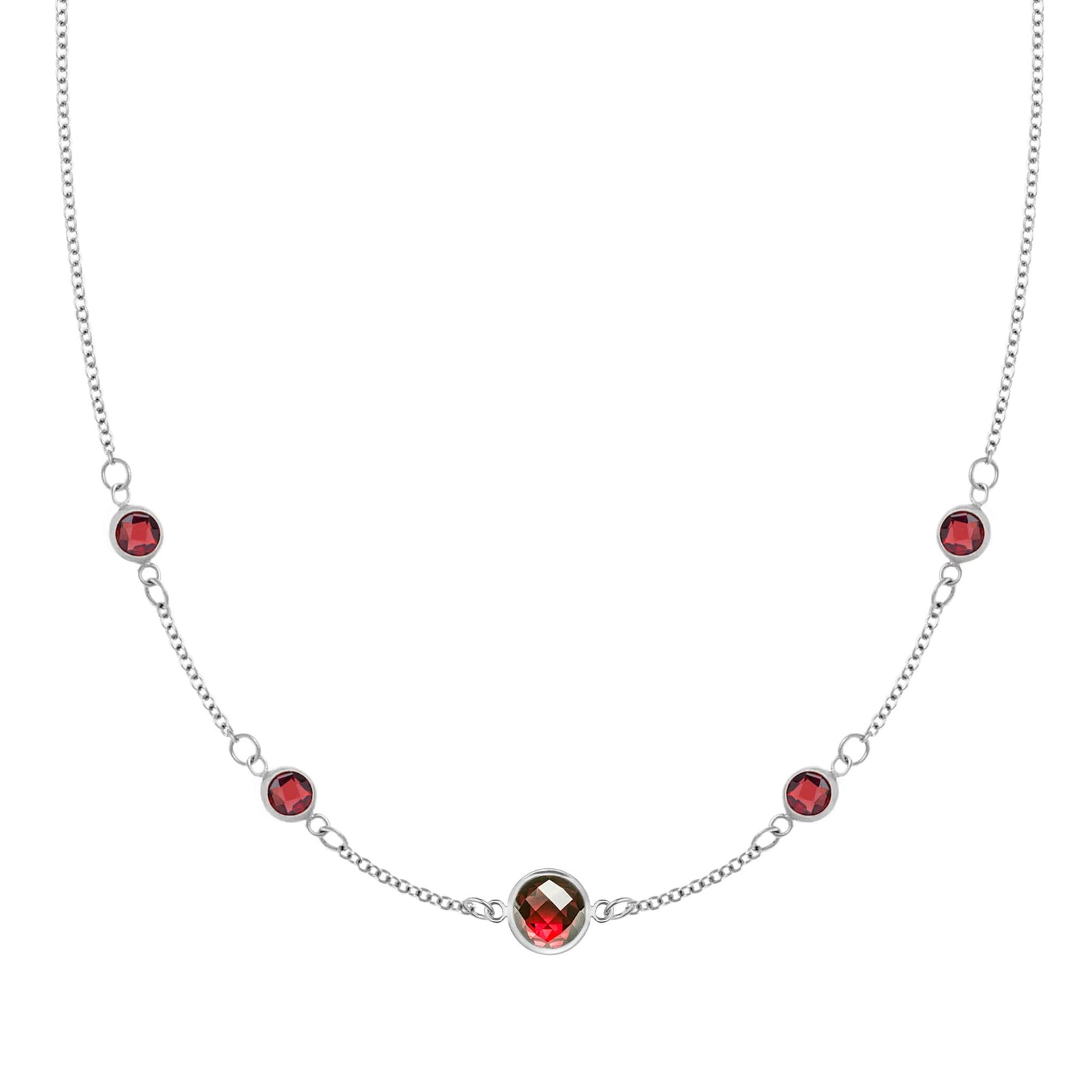 Grand & Classic necklace featuring one 6 mm and four 4 mm Garnets bezel set in 14k white gold