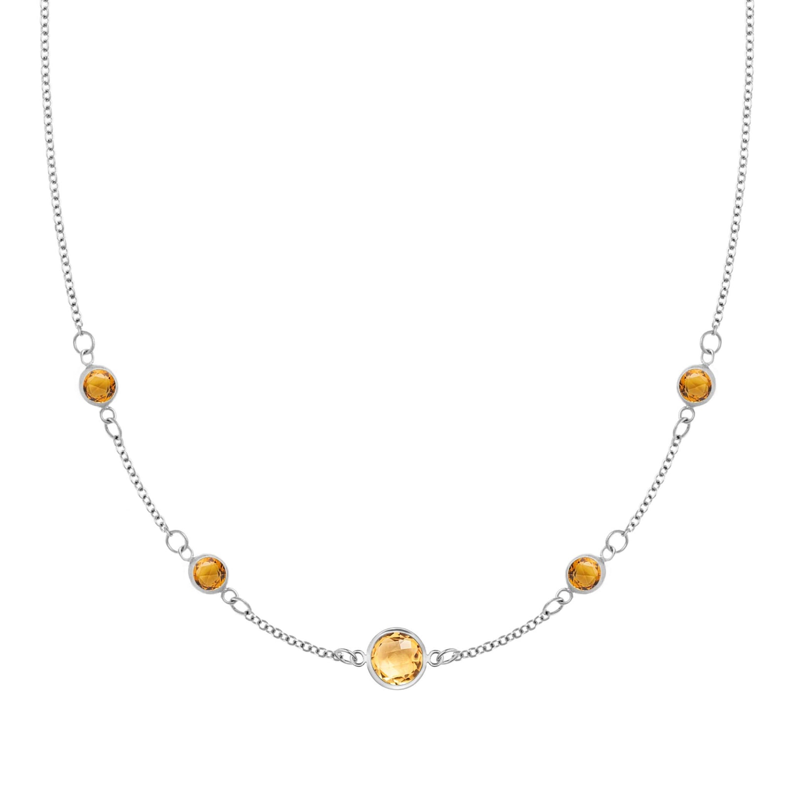 Grand & Classic necklace featuring one 6 mm and four 4 mm Citrines bezel set in 14k white gold