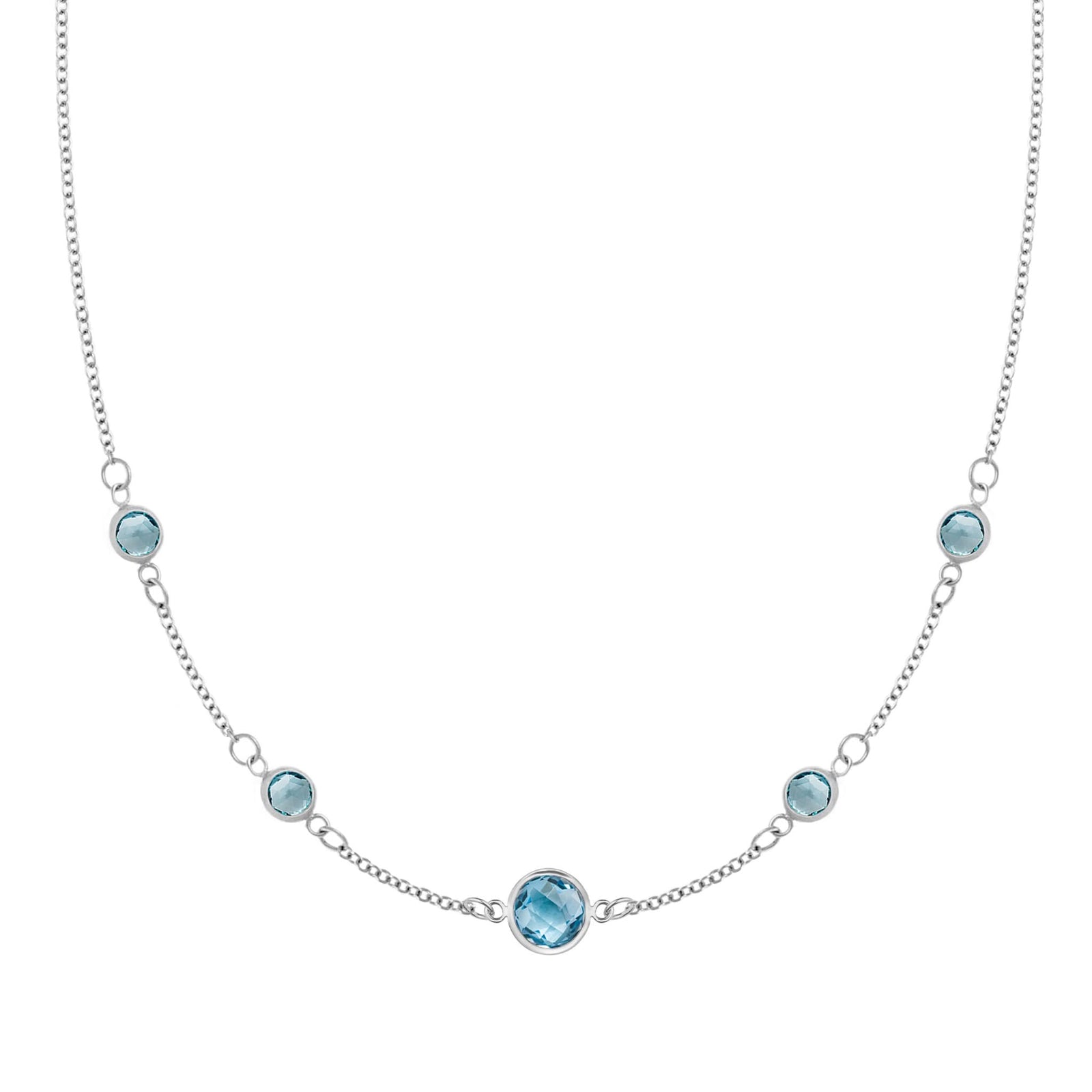 Grand & Classic necklace featuring one 6 mm and four 4 mm Nantucket Blue Topaz bezel set in 14k white gold