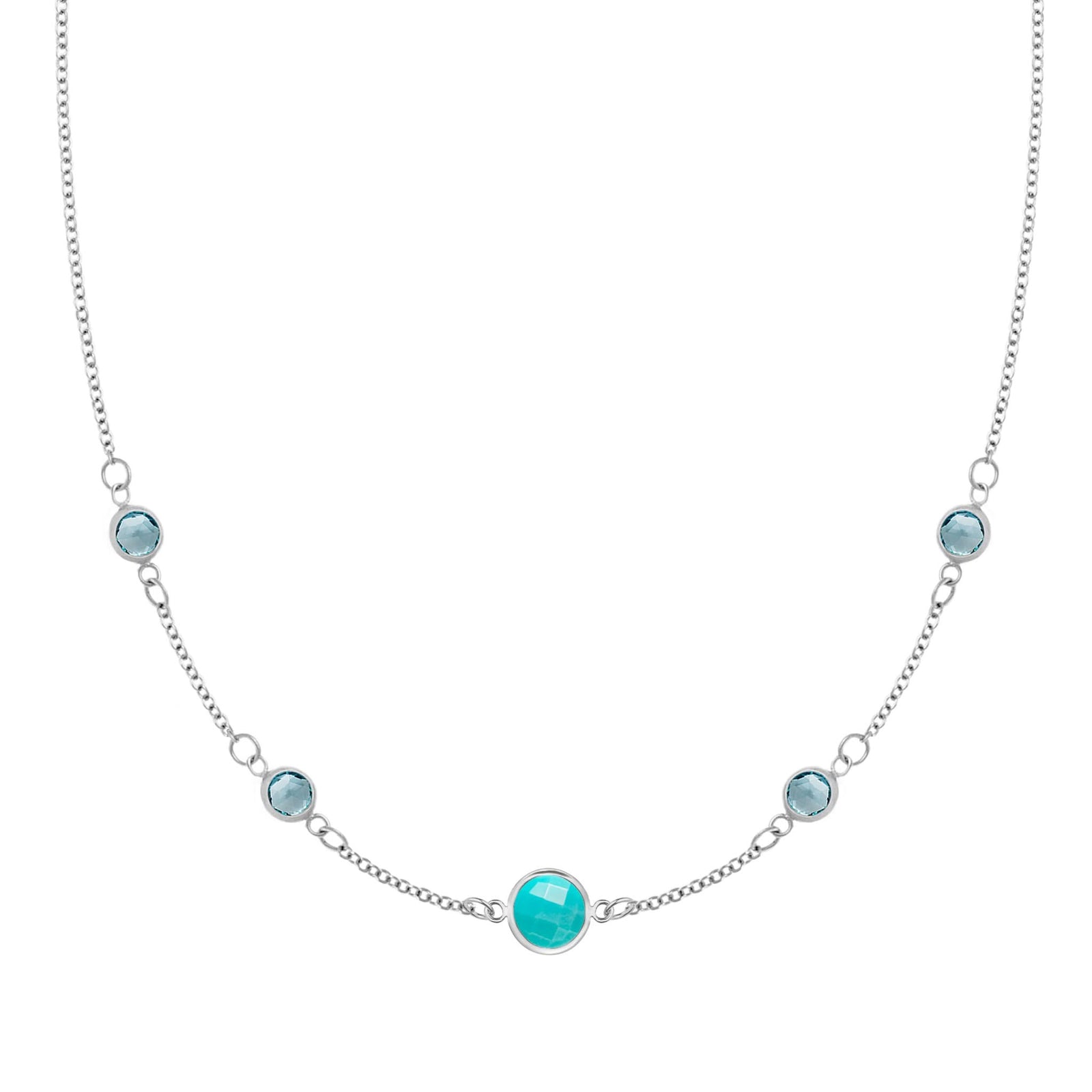 Grand & Classic necklace featuring one 6 mm Turquoise and four 4 mm Nantucket Blue Topaz bezel set in 14k white gold