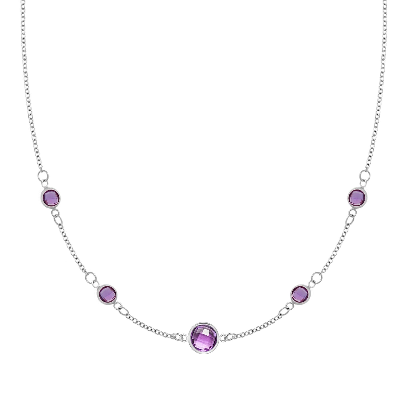 Grand & Classic necklace featuring one 6 mm and four 4 mm Amethysts bezel set in 14k white gold