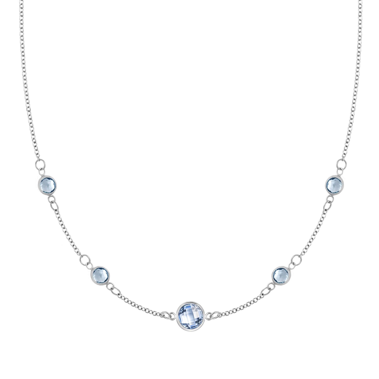 Grand & Classic necklace featuring one 6 mm and four 4 mm Aquamarines bezel set in 14k white gold