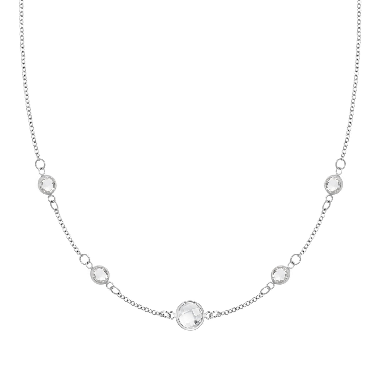 Grand & Classic necklace featuring one 6 mm and four 4 mm White Topaz bezel set in 14k white gold