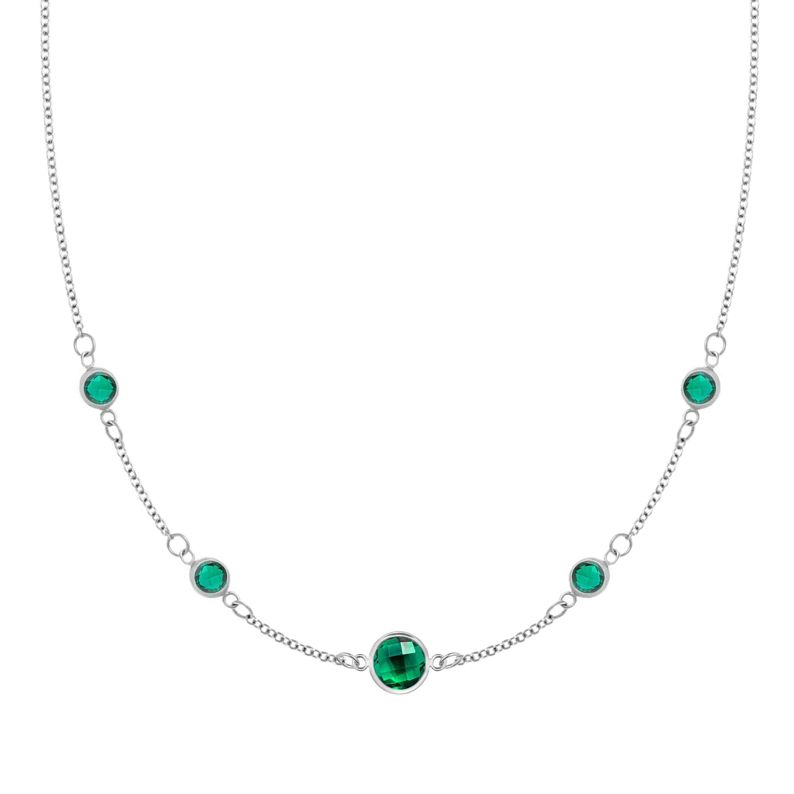Grand & Classic necklace featuring one 6 mm and four 4 mm Emeralds bezel set in 14k white gold