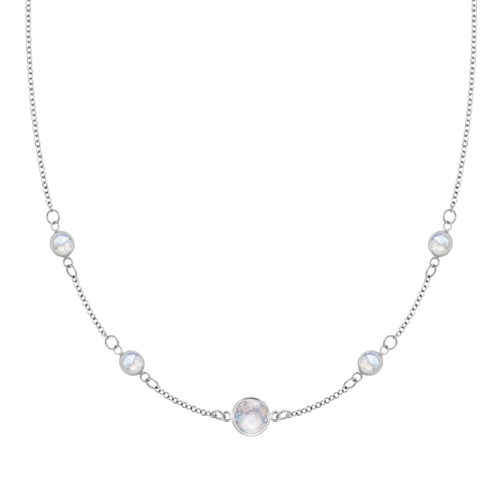 Grand & Classic necklace featuring one 6 mm and four 4 mm Moonstones bezel set in 14k white gold