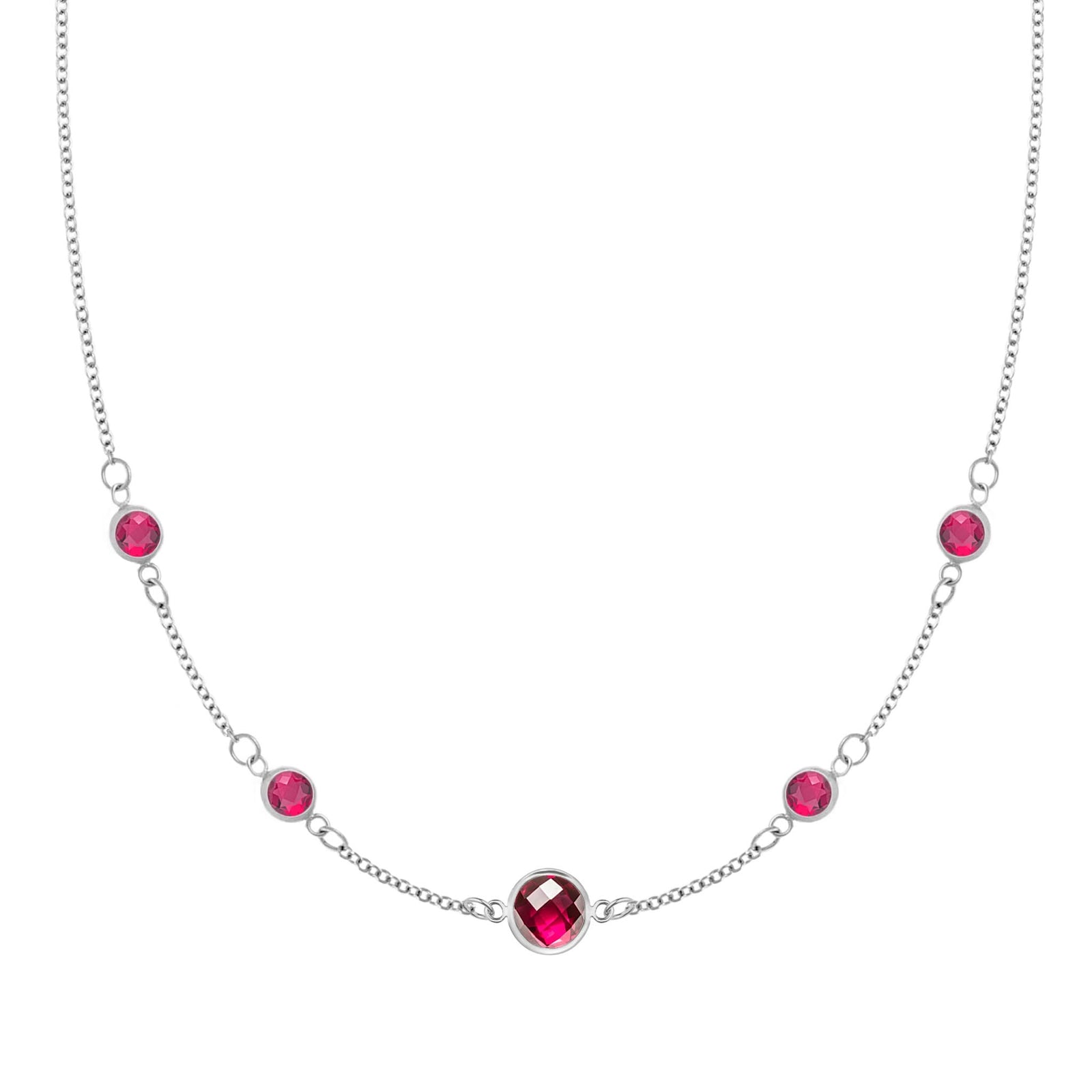 Grand & Classic necklace featuring one 6 mm and four 4 mm Rubies bezel set in 14k white gold