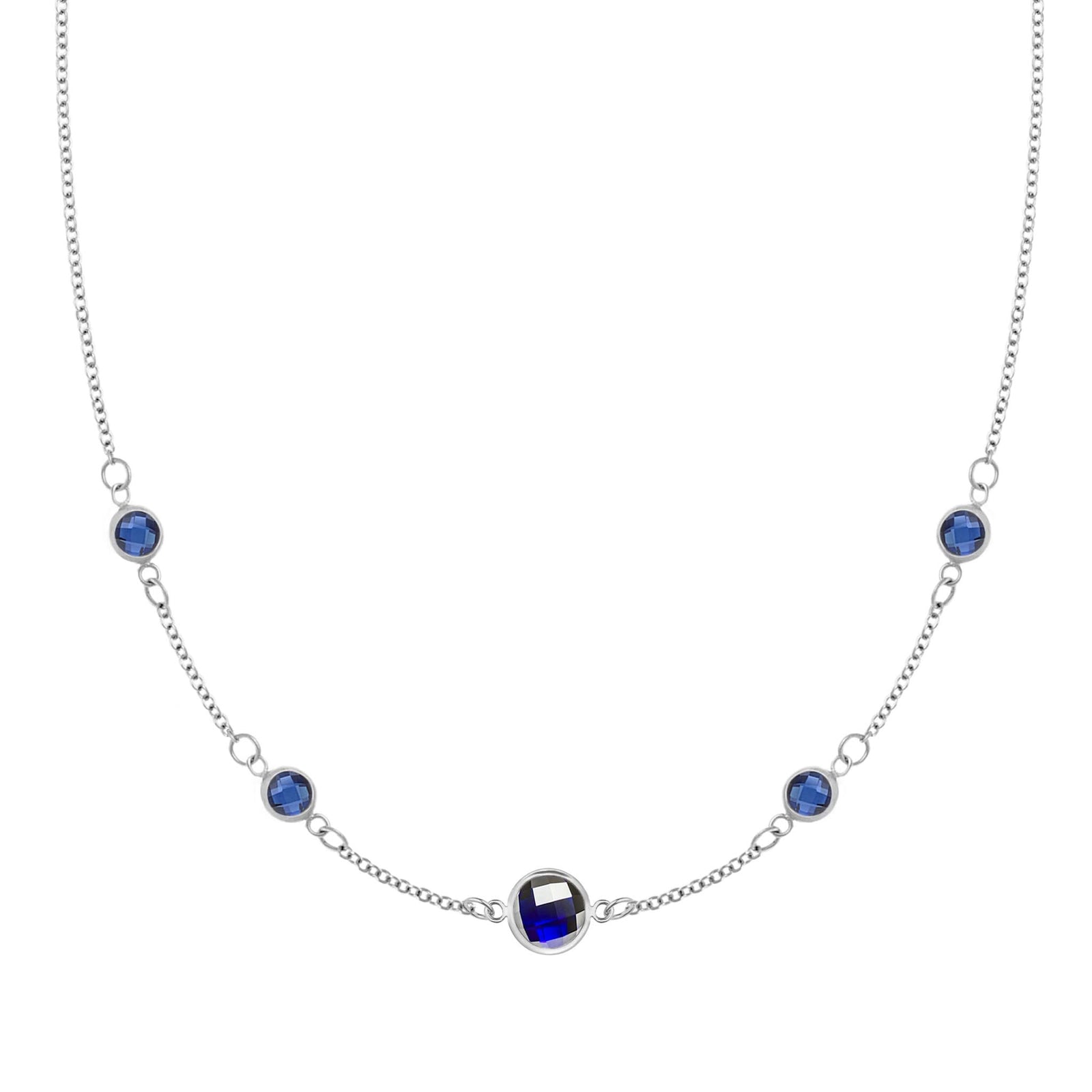 Grand & Classic necklace featuring one 6 mm and four 4 mm Sapphires bezel set in 14k white gold