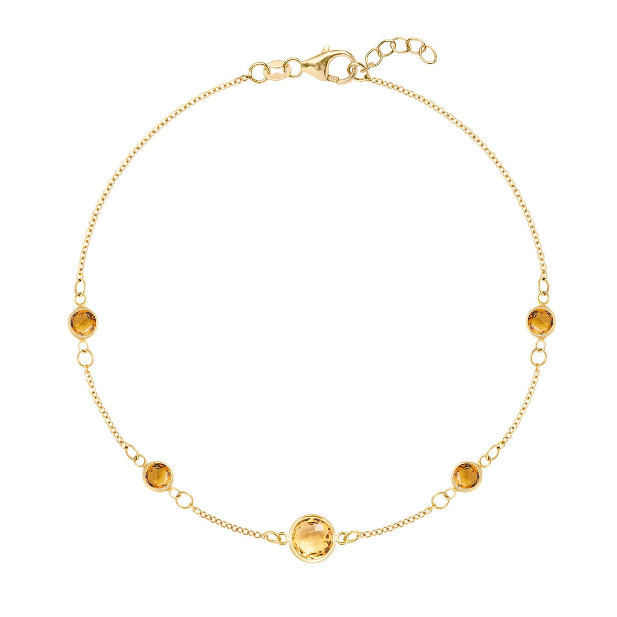 Grand & Classic bracelet featuring one 6 mm and four 4 mm Citrines bezel set in 14k yellow gold - front view